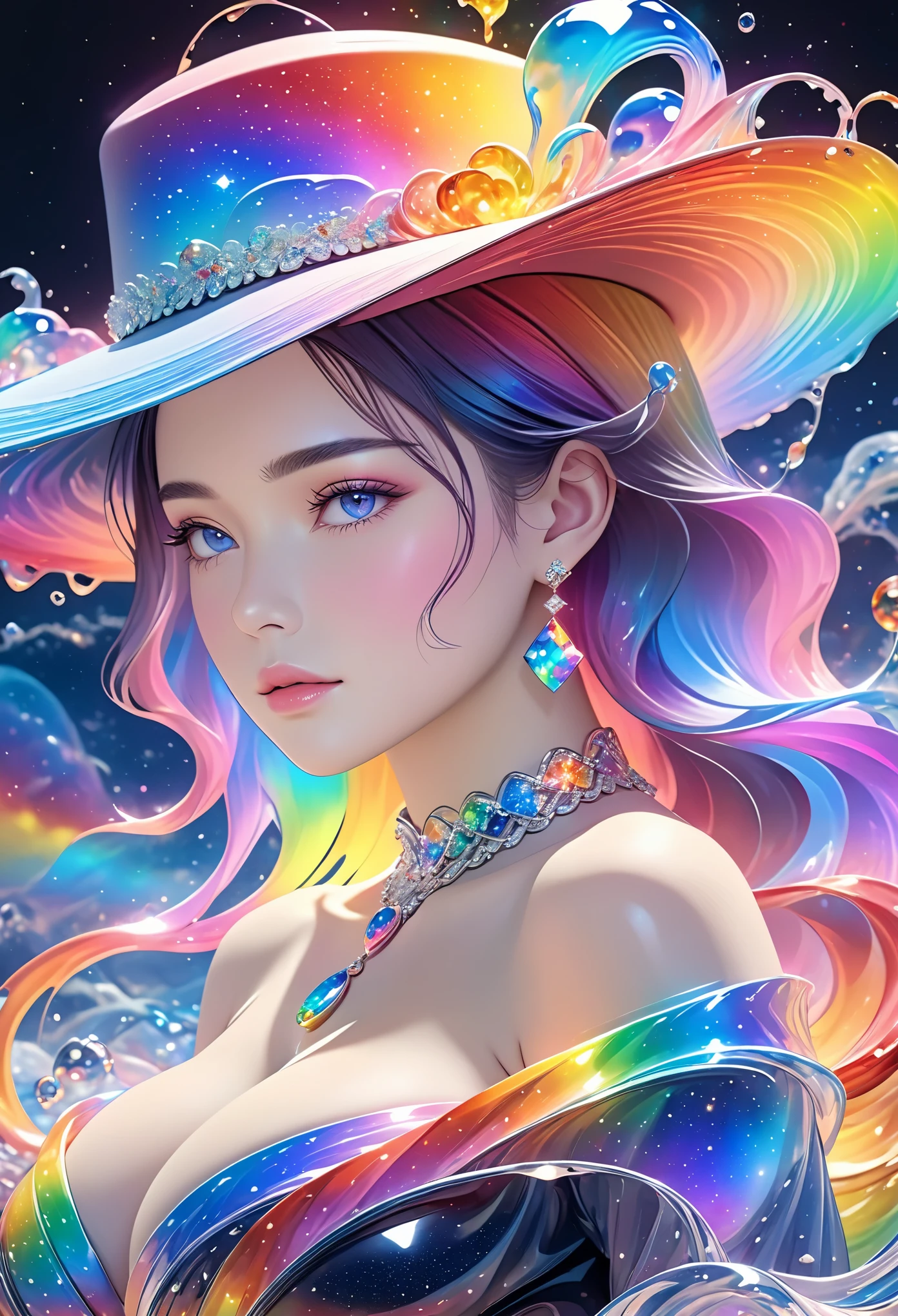 a beautiful young woman,Ultra-detailed,Rich details,jewelry,jewelry,hat, mysterious waves at night. 3d. rainbow colors. The melting beauty of the universe. Surrealism in Nebula Reflections,big breasts