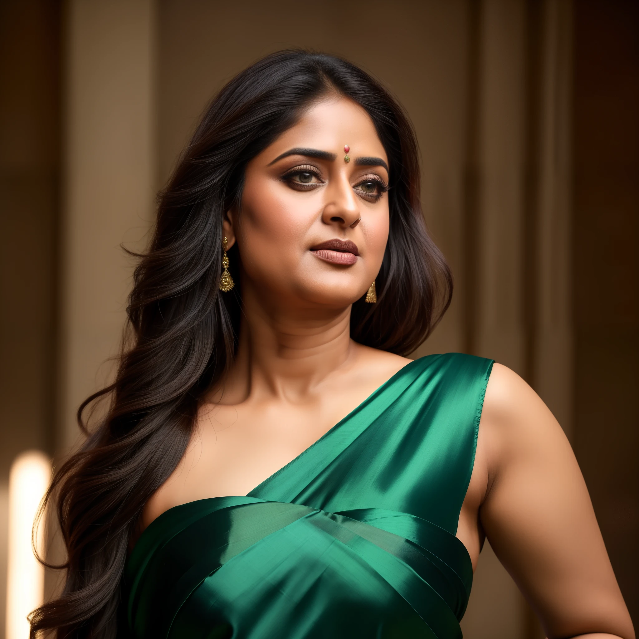 50yo mature MILF Anushka Shetty,((best quality)), ((masterpiece)), ((realistic)), Medusa, full body, the hair  composed of countless small snakes, green eyes, female face,metal carved top, royal aura, trend on artstation , sharp focus, studio photo, intricate detail, very detailed, detailed eye, illustration, very detailed, sharp focus, digital render, professional, 4k, low waist saree satin sleeveless saree fashion,, she hates wearing any bra or blouse, thick figure, bulky figure, thick belly, 