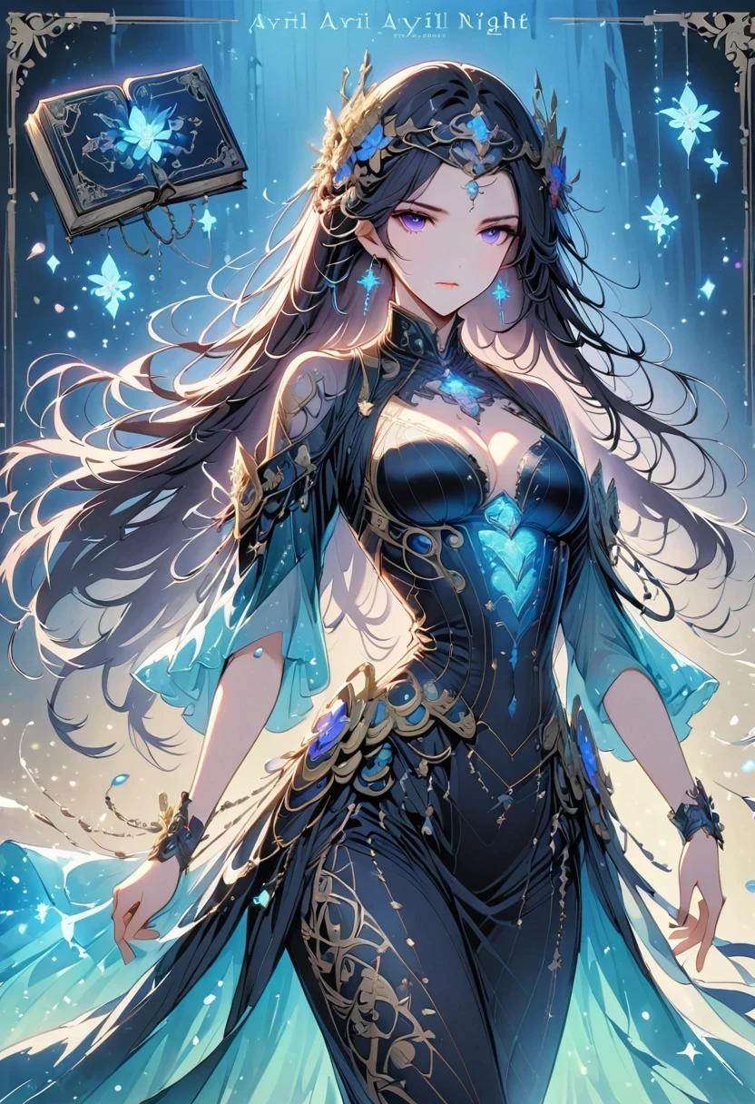 Gothic character design sheet，Character name:Avril Avril.dark night，18 years old，long black hair，purple eyes，Red or dark purple lace、Embroidery and other decorations。She wore a long black coat and a tight skirt，Show elegant and mysterious temperament。Wearing a silver cross、chain etc...，old magic book，Romantic roses，