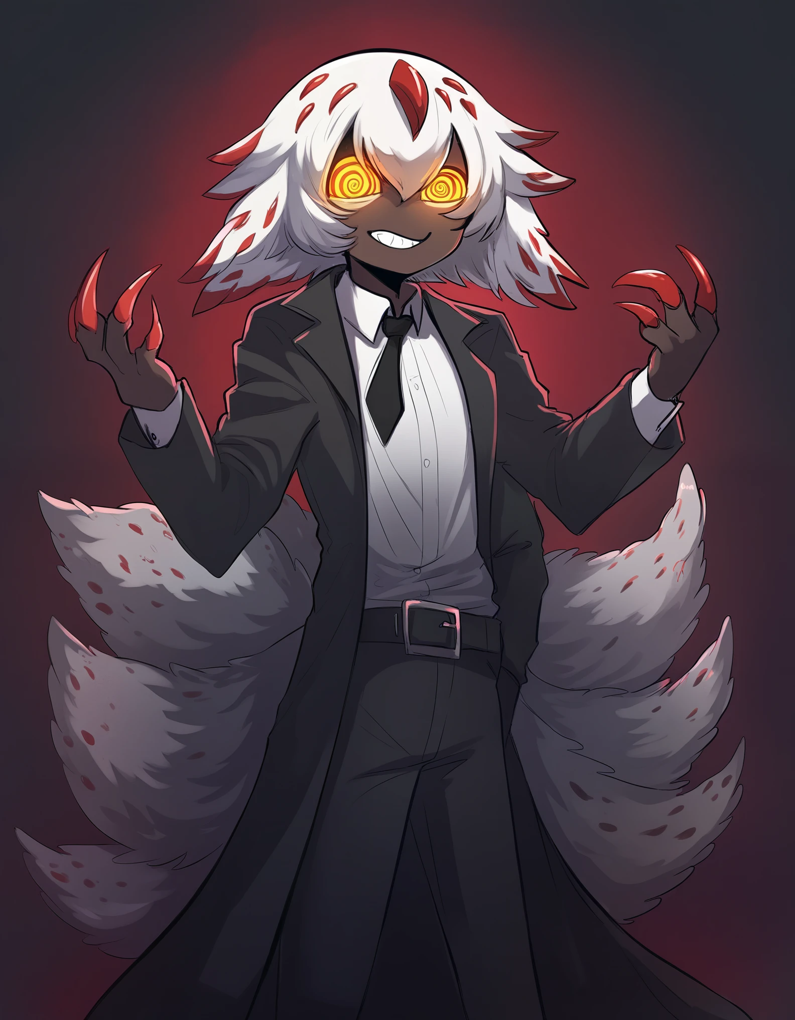 Faputa, 1girl, dark skin, dark-skinned girl, white hair, short hair, 4arms, red claws, multiple tails, yellow eyes, yawning, white fur, animal ears, smug, medium breasts, black coat, long coat, open coat, white shirt, black necktie, black pants, belt, dark background, creepy, horror \(theme\), grain, red background, smile, looking at viewer, ((ringed eyes)), glowing eyes, dark theme, low light,, 