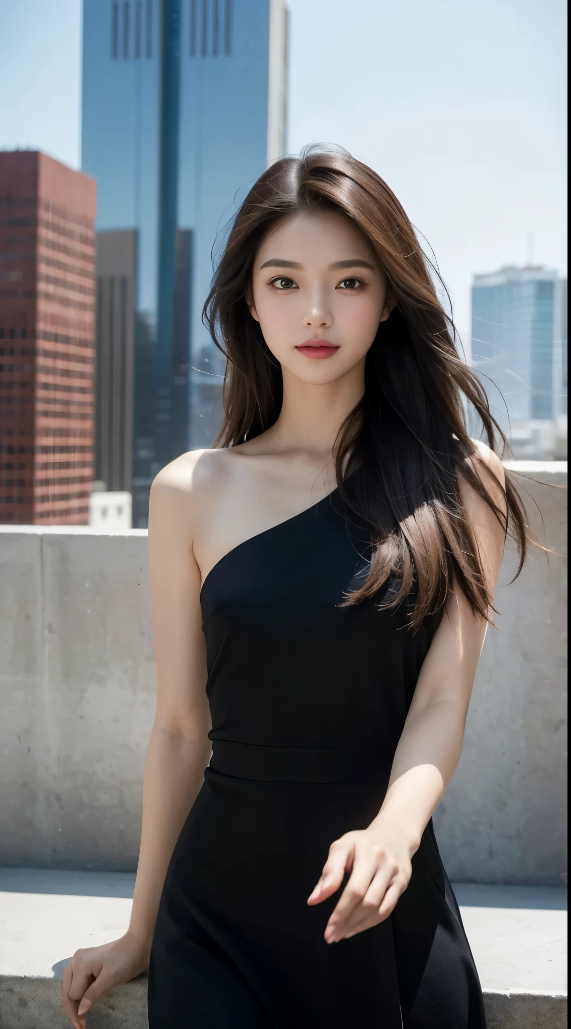 ((best quality, 8K, masterpiece:1.3, medium shot photo:1.5, )),
beautiful female figure:1.4, sexy body, oval face shape, detailed eyes, smile,very detailed facial and skin texture,double eyelid,1girl,cinematic light,
((Long layered slightly wavy hair style, dark hair color)),
(wearing dior, color black dior), pose fancy, forward hand gesture, in open space rooftop, standing,body facing the camera:1.2, all body in frame,body position in front of the camera, eyes looking into camera