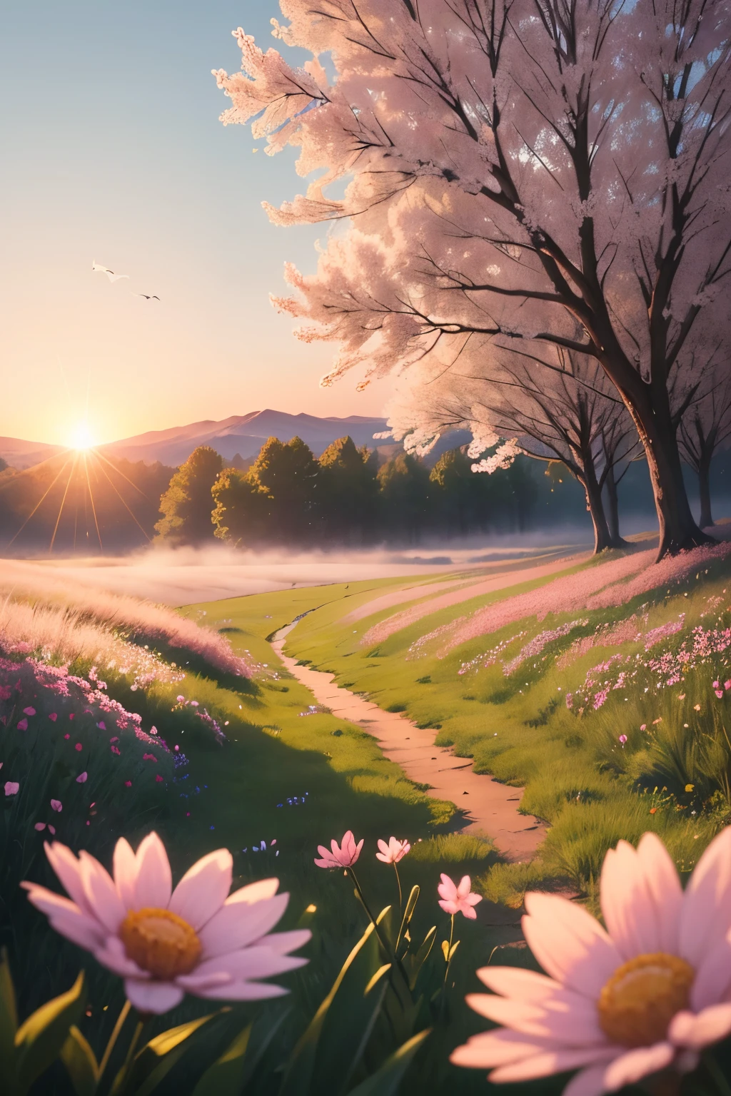 A serene spring morning, sunrise over a blooming meadow, soft light filtering through new leaves, delicate flowers in bloom, birds singing in the distance, gentle breeze carrying the scent of fresh earth and flowers, mist hovering over the ground, peaceful and serene atmosphere