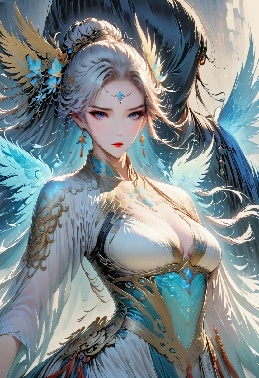 two-dimensional,anime style,one person(male warrior:1.5,chest muscles),Correct proportions,facial details,swordsman,High ponytail hairstyle,neck details,There is an Adam'apple,white robe,joke,white robe,clothing details,transfer,long sleeve,Game quality,fencing,Ray tracing,Ray tracing,delicate luster,CG rendering,Hair details,long white hair,blue eyes,Handsome,Handsome,(feeling of youth),Costumes are complicated,perfect composition,refine,high quality,more details,complex background,a sense of atmosphere,
