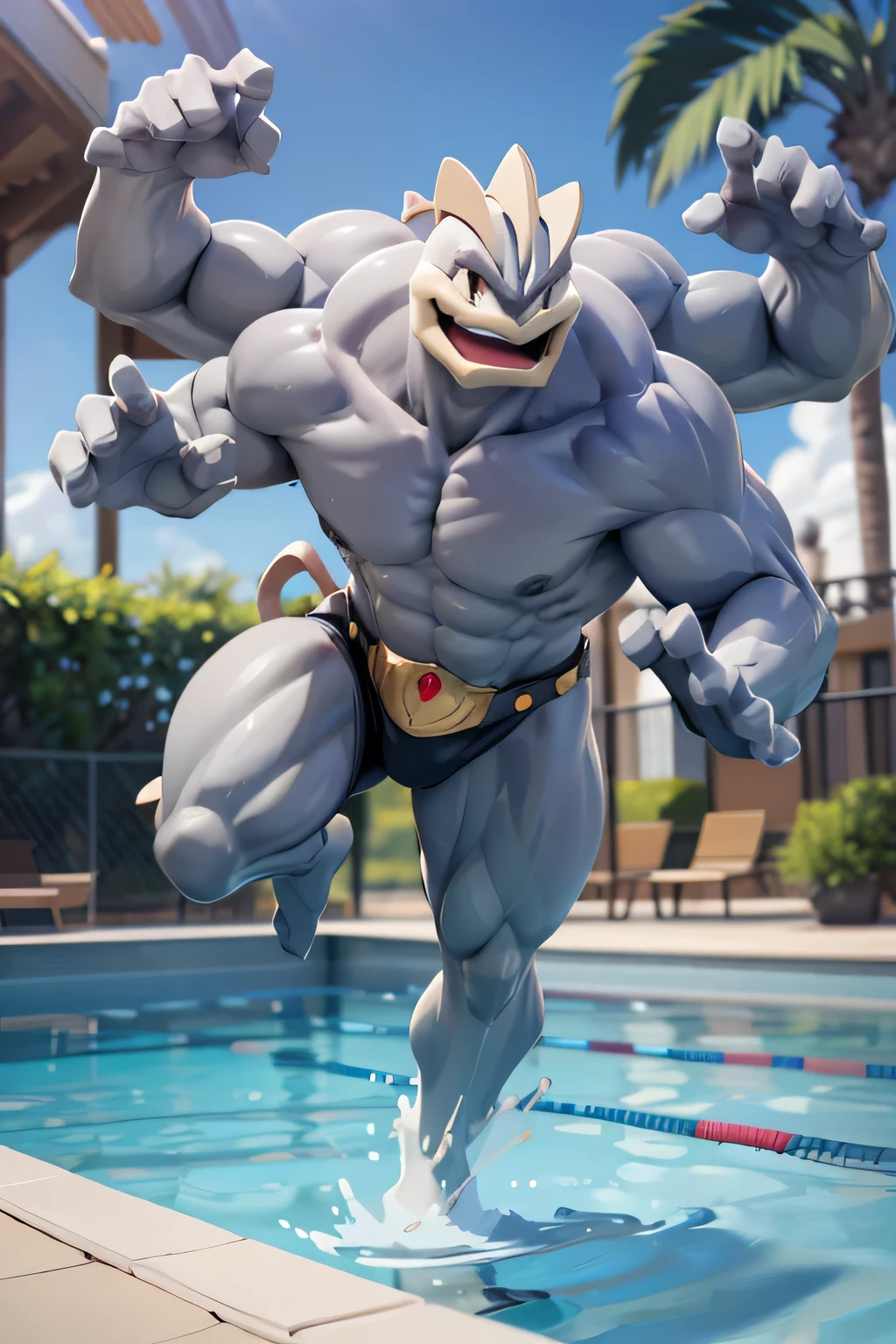 A Machamp with four arms, is jumping into a pool under a clear blue sky. His face is smiling with joy. The artwork is created with a medium of digital illustration, providing the best quality, ultra-detailed, and photorealistic details. The composition showcases vibrant colors, capturing the sunlight and casting a soft, warm light on the scene.