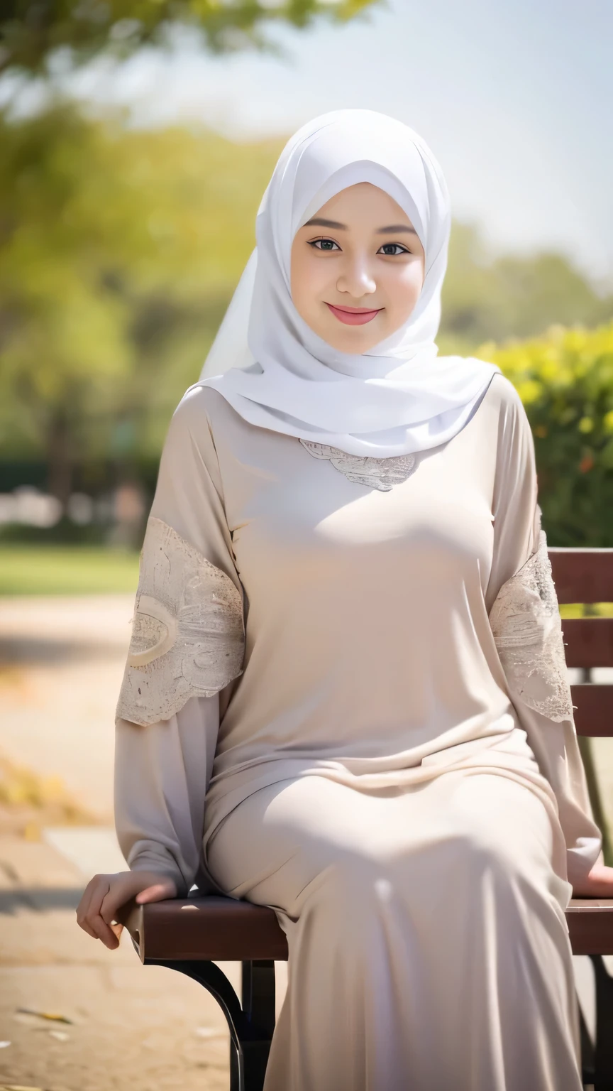 View full body, luxurious details, 8k, natural, realistic, extraordinary shots, ULTRA HD,
1 girl, 18 years old, smooth white face, white skin, big breasts, wearing a long white hijab covering the body, with decorations on the hijab, Muslim clothes for worship, beautiful face, pretty face, cute, curly eyelashes, beautiful eyes, sweet smile ,  sitting on a park bench, indonesian muslim, realistis,