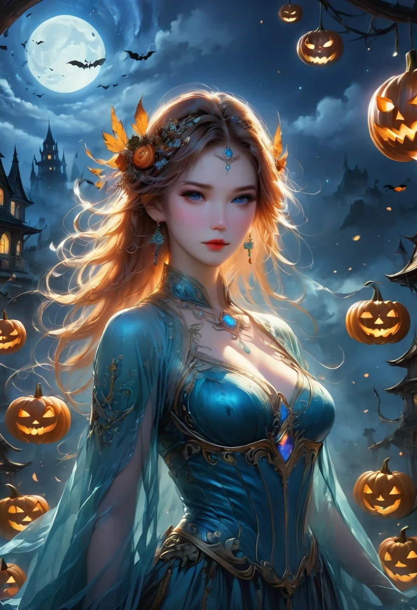(Extremely detailed CG unified 8k wallpaper),(masterpiece), (best quality), (Super detailed), (Best Illustration),(best shadow), (sharp eyeliner, eye shadow, delicate eyes:1.1), (halloween, night sky, pumpkin lantern, :1.1), ,rest, (vectorhalloween:1.2), ,