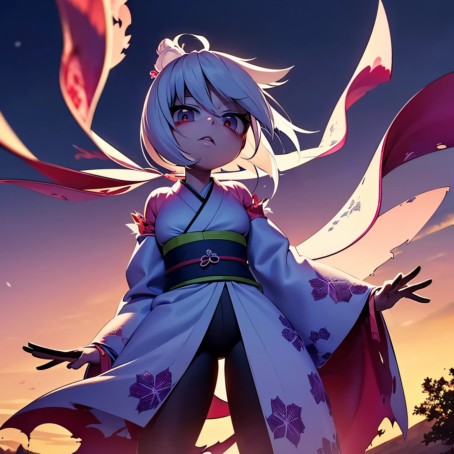 A full shot of a Yuki-onna, she has ((her back to the camera)) and is looking over her shoulder to it, she wears a ((kimono that is torn and has the lower part covered in blood and the ((sleeves are long)) and cover her hands)) ((her clothes are moved by the wind))