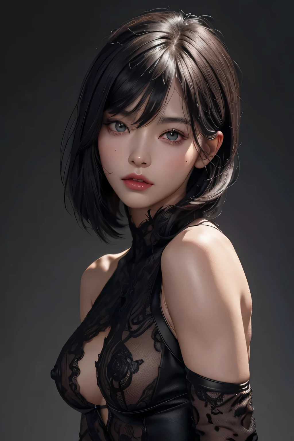 (((NSFW1.5))), 20 year old woman、black haired、(top fade:1.3)、dark theme、calm tone、calm colors、high contrast、(natural skin texture、hyper realism、soft light、sharp)、(Masseter muscle part:1.3)、(8K、Photoreal、RAW photo、highest quality: 1.4)、beautiful expression、(lifelike face)、beautiful hairstyle、realistic eyes、beautiful details、(real looking skin)、beautiful skin、(black lace bodysuit)、absurd、attractive、超A high resolution、surreal、high detail、golden ratio、Huge 、Supermodel