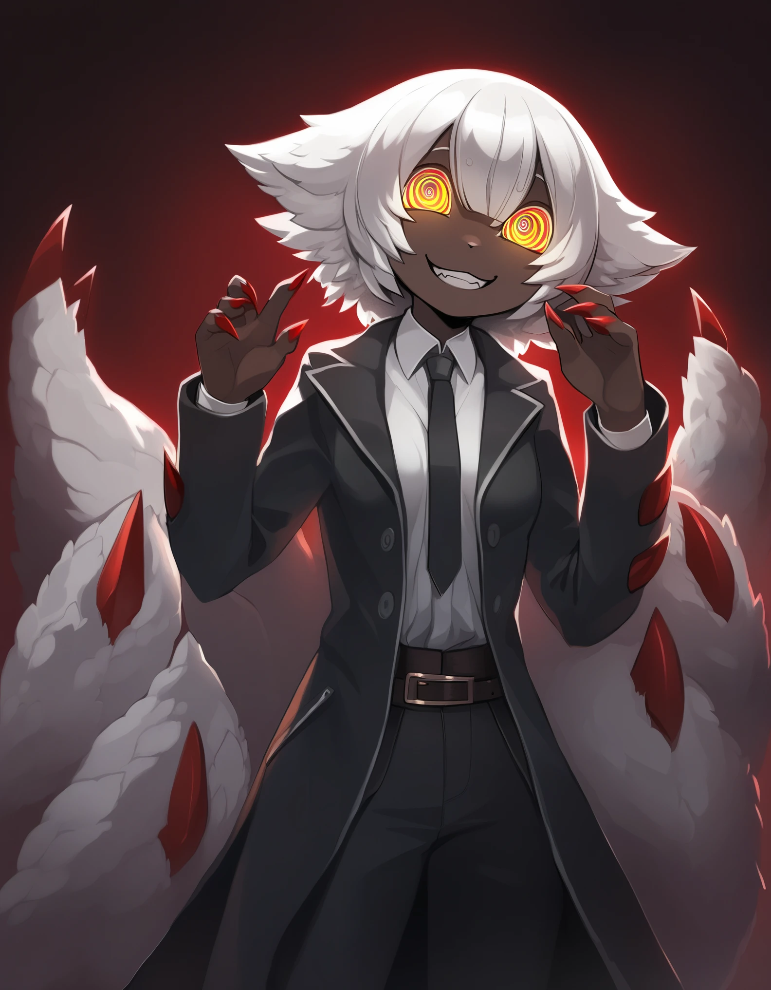 Faputa, 1girl, dark skin, dark-skinned girl, white hair, short hair, 4arms, red claws, multiple tails, yellow eyes, yawning, white fur, animal ears, smug, medium breasts, black coat, long coat, open coat, white shirt, black necktie, black pants, belt, dark background, creepy, horror \(theme\), grain, red background, smile, looking at viewer, ((ringed eyes)), glowing eyes, dark theme, low light,, 