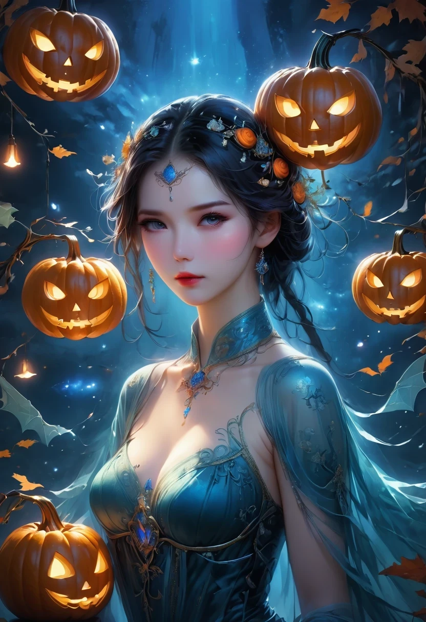 (Extremely detailed CG unified 8k wallpaper),(masterpiece), (best quality), (Super detailed), (Best Illustration),(best shadow), (sharp eyeliner, eye shadow, delicate eyes:1.1), (halloween, night sky, pumpkin lantern, :1.1), ,rest, (vectorhalloween:1.2), ,  