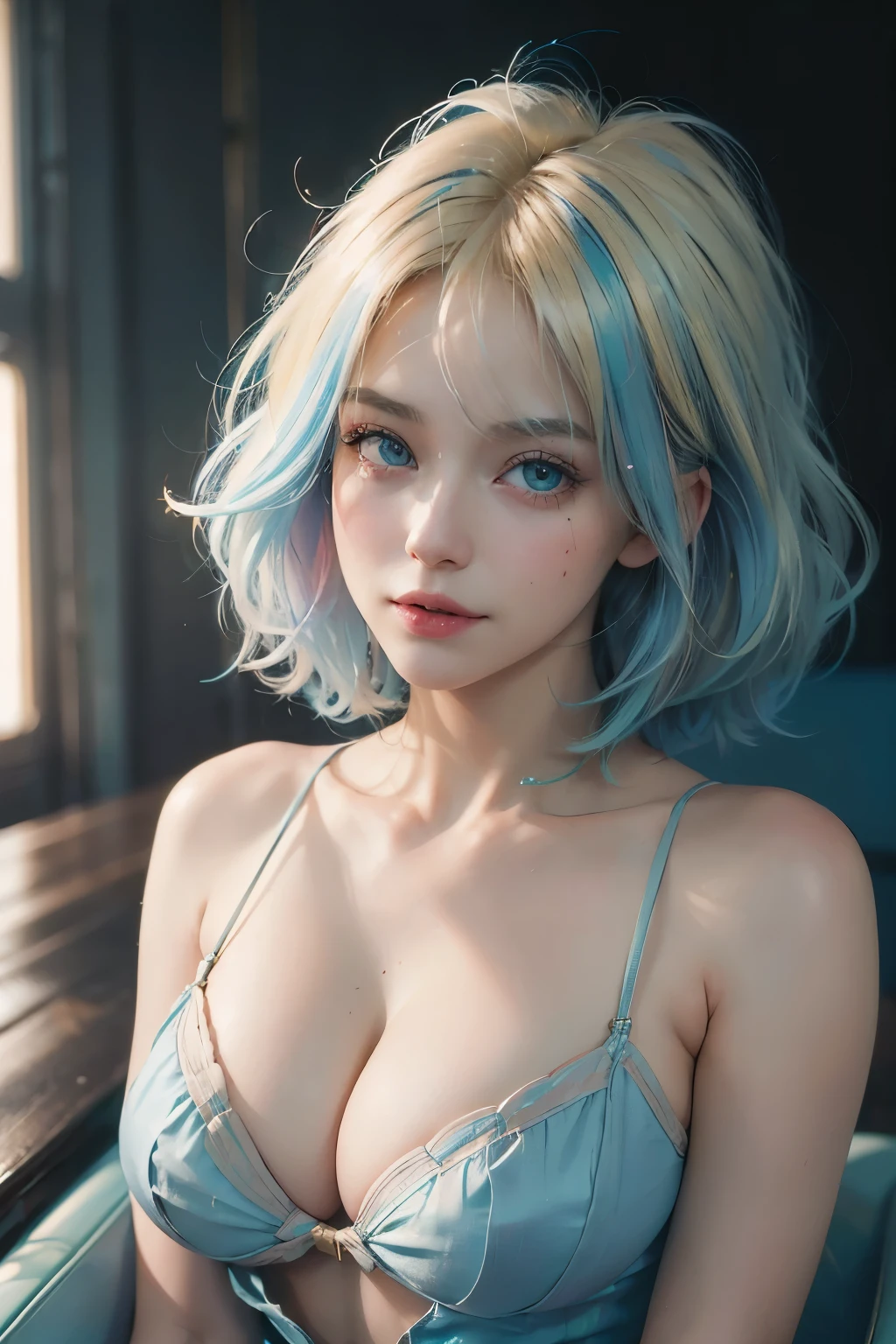 (Instantphoto:1.3), Soft focus, neonlight, 1girll, Solo, fake smile, Portrait, From the side Side, Blue hair, Blonde hair, multicolored hair, Short hair, (Acclaimed, Alluring, attractive cleavage, Exciting, Gorgeous, astounding:1.3), (Ultra-high RES, High details, absurderes:1.3)