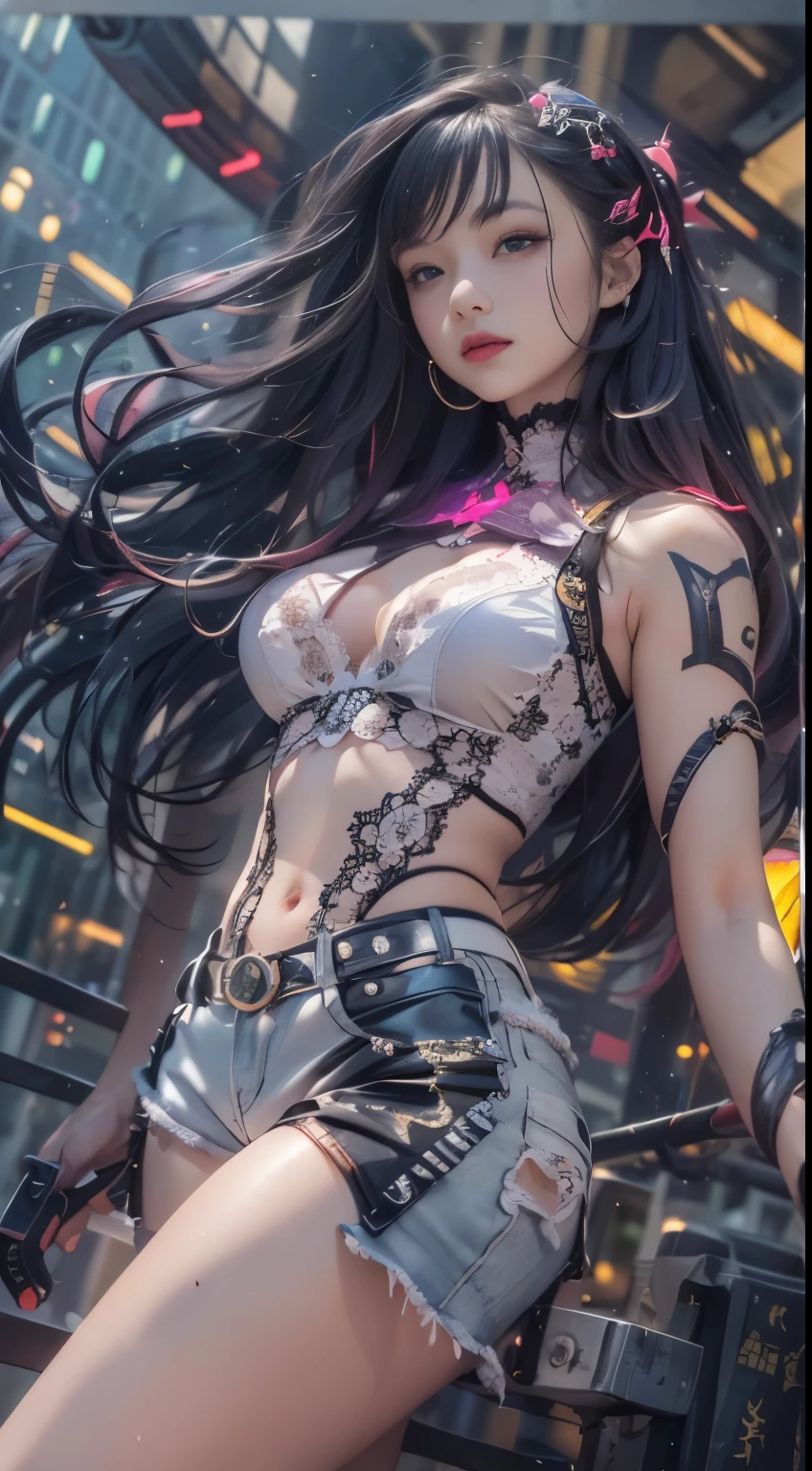 masterpiece,best quality,high resolution, 1 plump girl,from below,(The legs are very thin and straight)，,(legs are very long，straight legs),,High heel,long legs,stood up, Leg length when viewed from the front, Perfect body,Have perfect legs,(lure)，Full body female love，cyberpunk characters，dynamic poses，1 plump girl，exquisite eyes，brown eyes，eye shadow，make up，long gray hair， Detailed faces， delicate eyes， looking at the audience， blush blush\（make up\）， full lips， red lips，（long gray hair：1.3）， （stood up）mechanical static，Mechanical Summons，(hair accessories:1.1)，((((lace ，short shorts))))，(black stockings)，City，Luminous winding，，cyberpunk lamp:1.1)，neon lights，Fully mechanical and futuristic elements，technology，背景是一条中国传统的street，China Town， street， sky sky， cyberpunk characters， paper lantern， neon lights超分辨率，（Realism：1.3），1（Slim：1.2），dramatic lighting，Vibrant details，Luxury Cyberpunk，complex background，