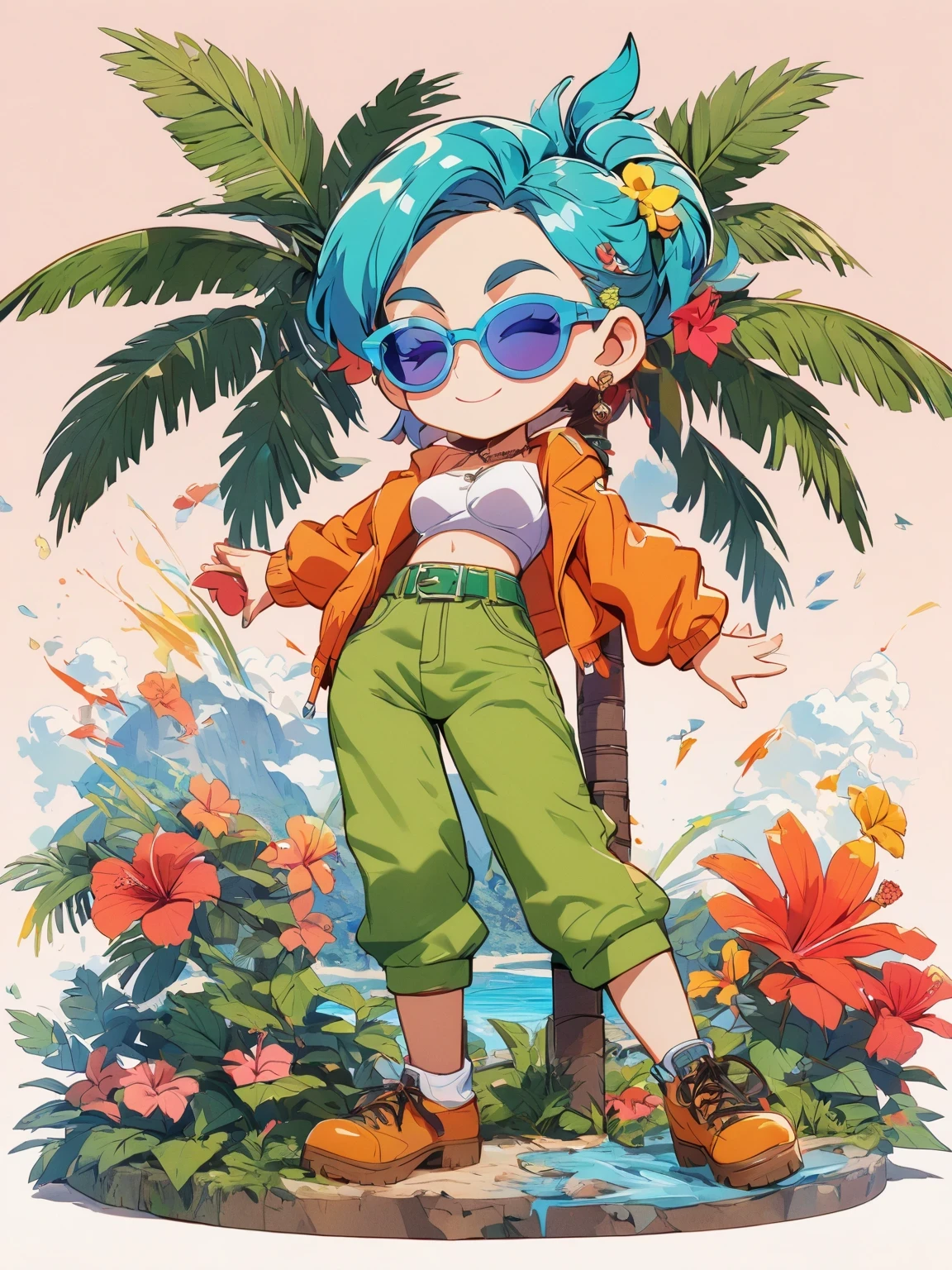 diy22,in a tropical or subtropical environment, A young woman is presented in a vibrant cartoon style. She wears a vibrant orange jacket and green pants, With blue and yellow stripes, Reminiscent of designs by Ronald Balfour. She wears a green belt and blue sunglasses, Adding to her playful look. There is a brown wooden pole behind her, There is a white ring on it. She stood among palm trees and other trees, Creating a peaceful and tropical atmosphere. The background of the image is vector art in cartoon style, Full of energy and colour. ,