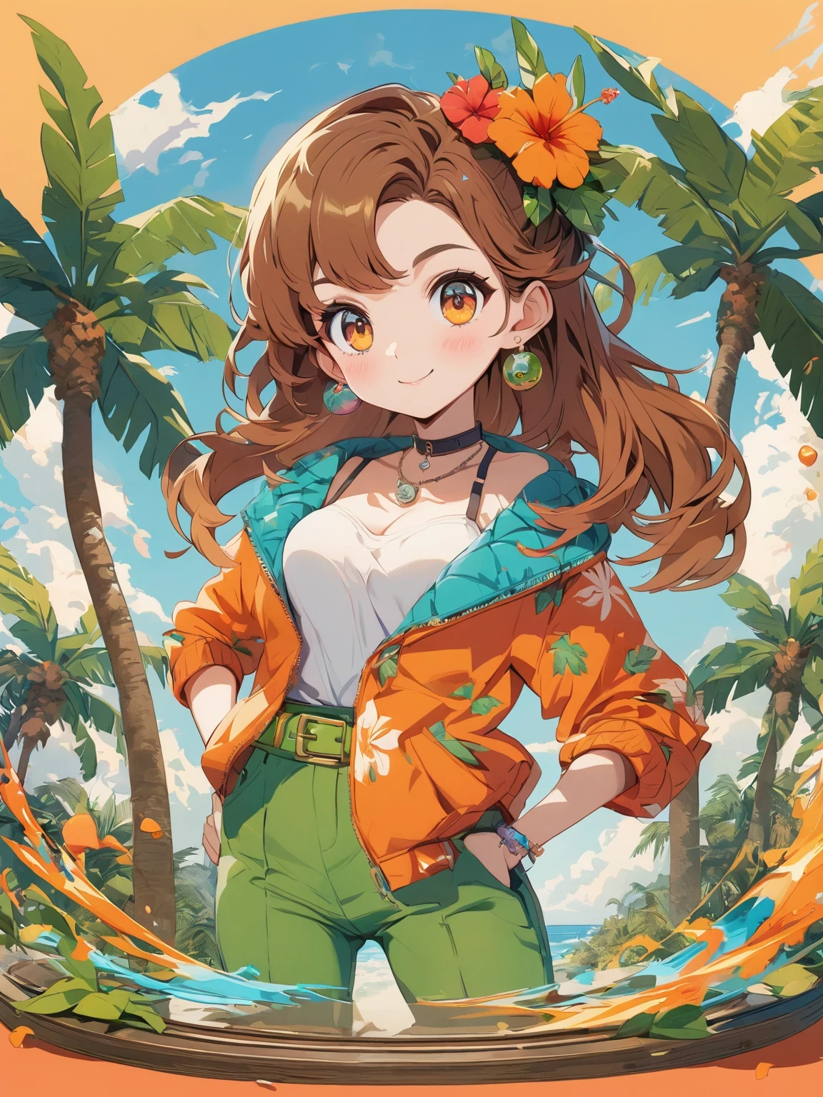 diy22,in a tropical or subtropical environment, A young woman is presented in a vibrant cartoon style. She wears a vibrant orange jacket and green pants, With blue and yellow stripes, Reminiscent of designs by Ronald Balfour. She wears a green belt and blue sunglasses, Adding to her playful look. There is a brown wooden pole behind her, There is a white ring on it. She stood among palm trees and other trees, Creating a peaceful and tropical atmosphere. The background of the image is vector art in cartoon style, Full of energy and colour. ,