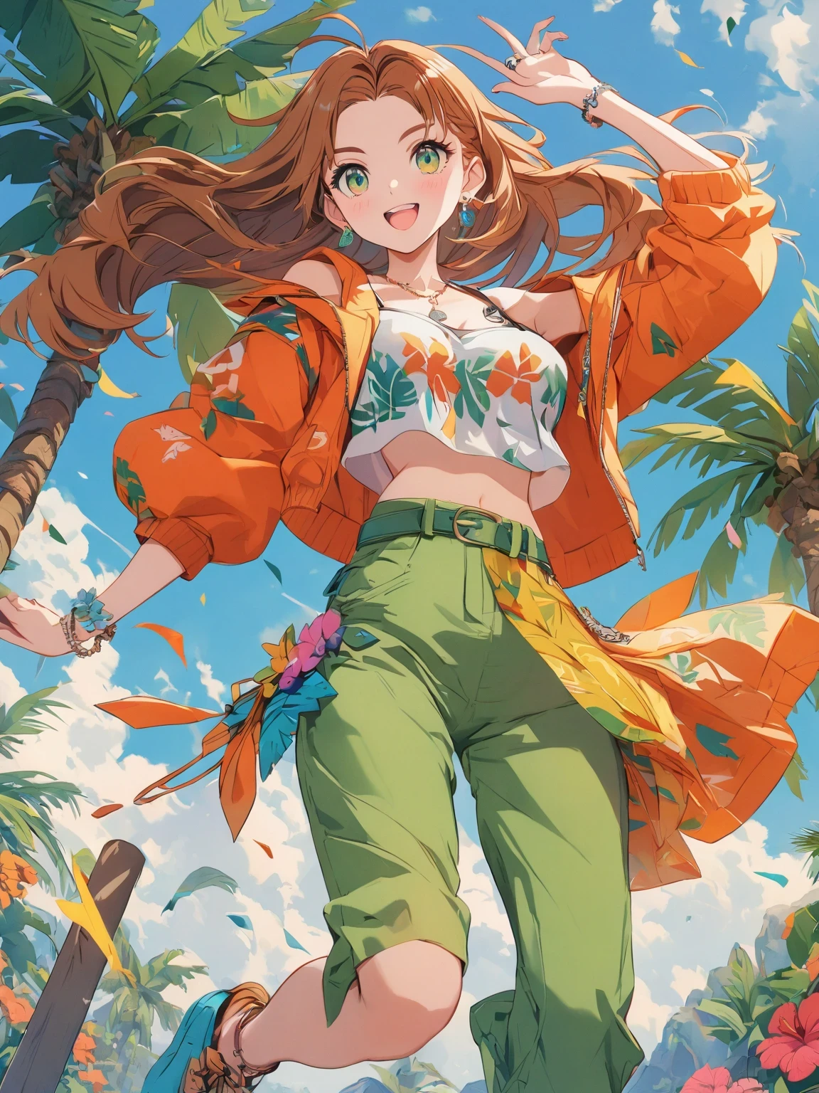 diy22,in a tropical or subtropical environment, A young woman is presented in a vibrant cartoon style. She wears a vibrant orange jacket and green pants, With blue and yellow stripes, Reminiscent of designs by Ronald Balfour. She wears a green belt and blue sunglasses, Adding to her playful look. There is a brown wooden pole behind her, There is a white ring on it. She stood among palm trees and other trees, Creating a peaceful and tropical atmosphere. The background of the image is vector art in cartoon style, Full of energy and colour. ,
