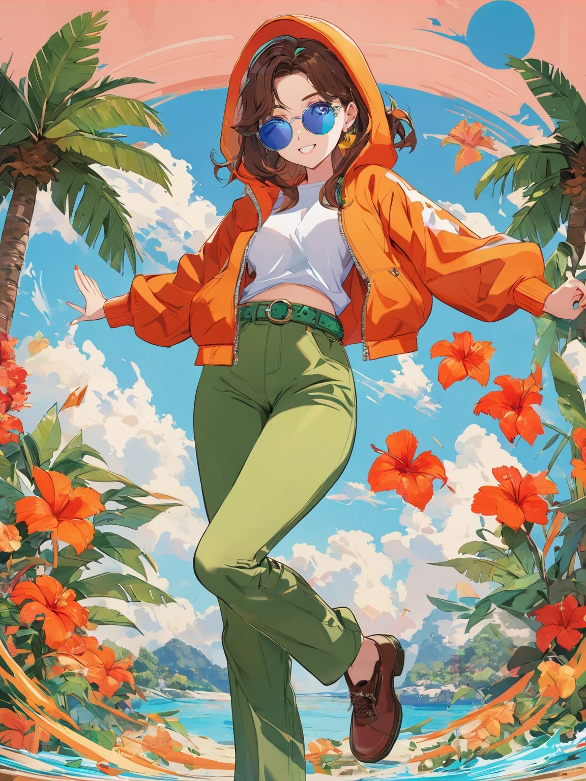 diy22,in a tropical or subtropical environment, A young woman is presented in a vibrant cartoon style. She wears a vibrant orange jacket and green pants, With blue and yellow stripes, Reminiscent of designs by Ronald Balfour. She wears a green belt and blue sunglasses, Adding to her playful look. There is a brown wooden pole behind her, There is a white ring on it. She stood among palm trees and other trees, Creating a peaceful and tropical atmosphere. The background of the image is vector art in cartoon style, Full of energy and colour. ,