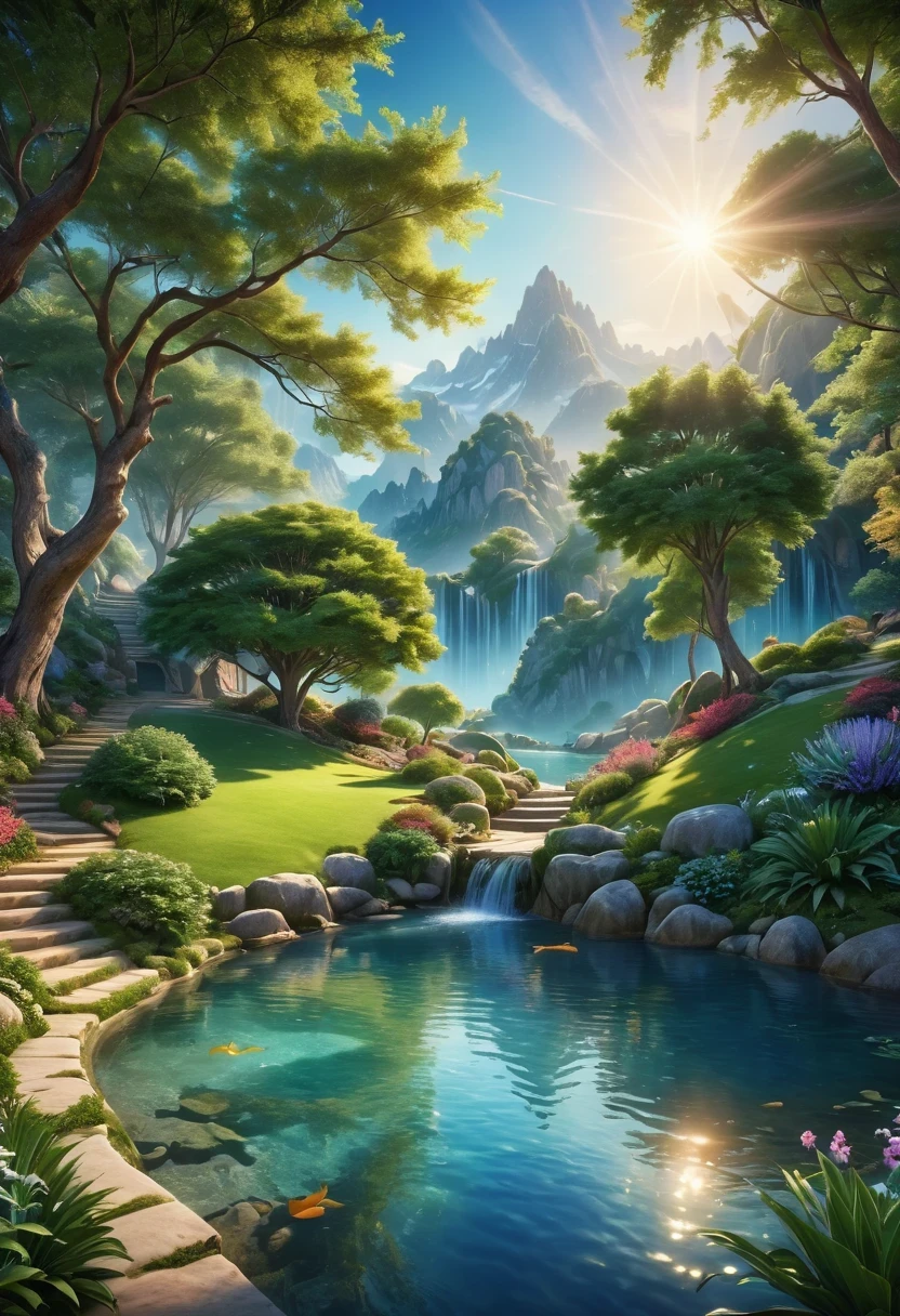 a peaceful place, very happy, fair, calm and fairly landscaped. lifelike, 8K Ultra HD, Studio quality, Surreal, Maximum details, large scale, post processing, lifelike, lifelike, Photoshop, photography, detailed, movie lighting, landscape, panoramic, landscape, Ray tracing, Cinema 4d