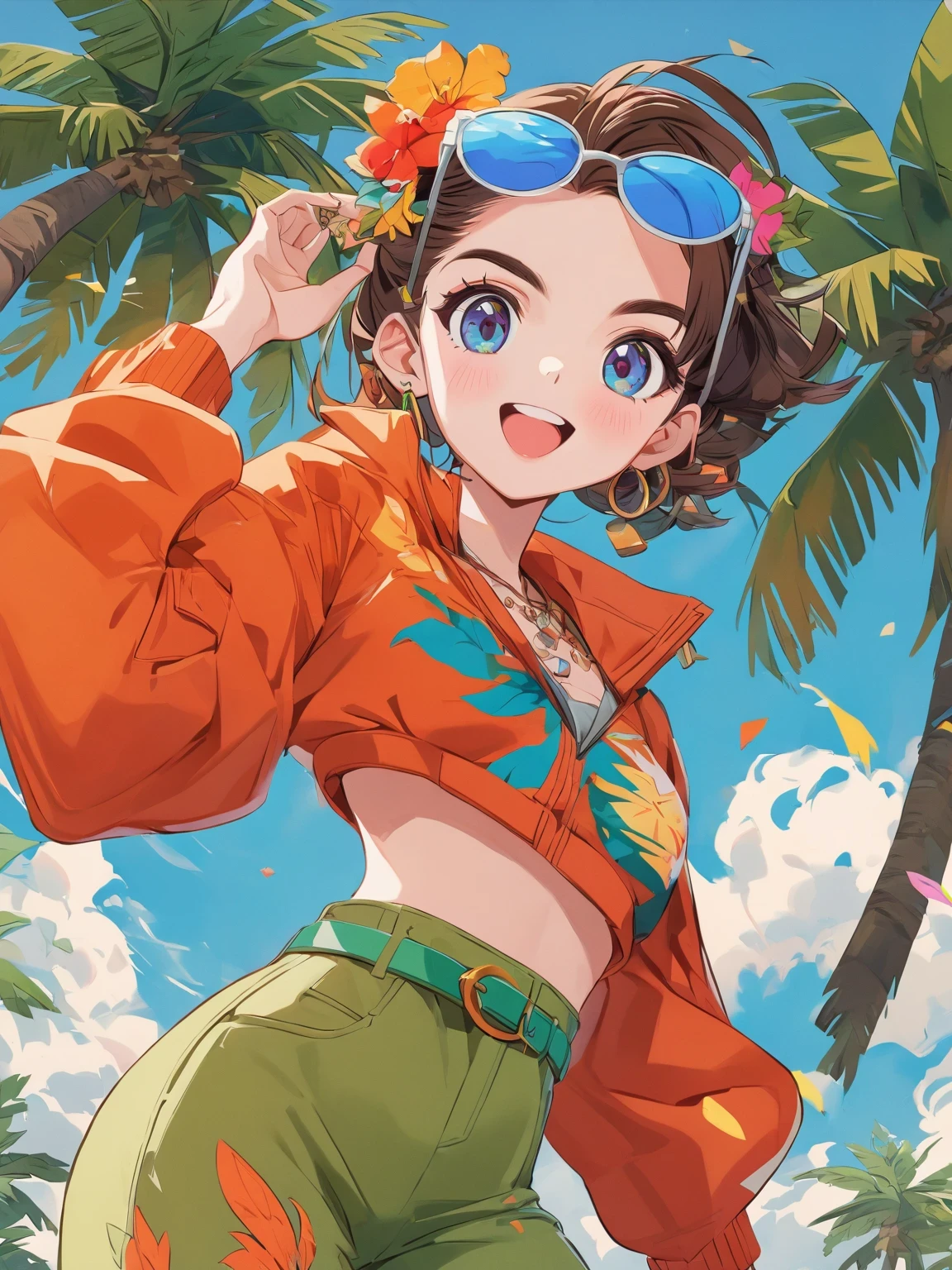 diy22，in a tropical or subtropical environment， A young woman is presented in a vibrant cartoon style. She wears a vibrant orange jacket and green pants， With blue and yellow stripes， Reminiscent of designs by Ronald Balfour. She wears a green belt and blue sunglasses， Adding to her playful look. There is a brown wooden pole behind her， There is a white ring on it. She stood among palm trees and other trees， Creating a peaceful and tropical atmosphere. The background of the image is vector art in cartoon style， Full of energy and colour. ,
