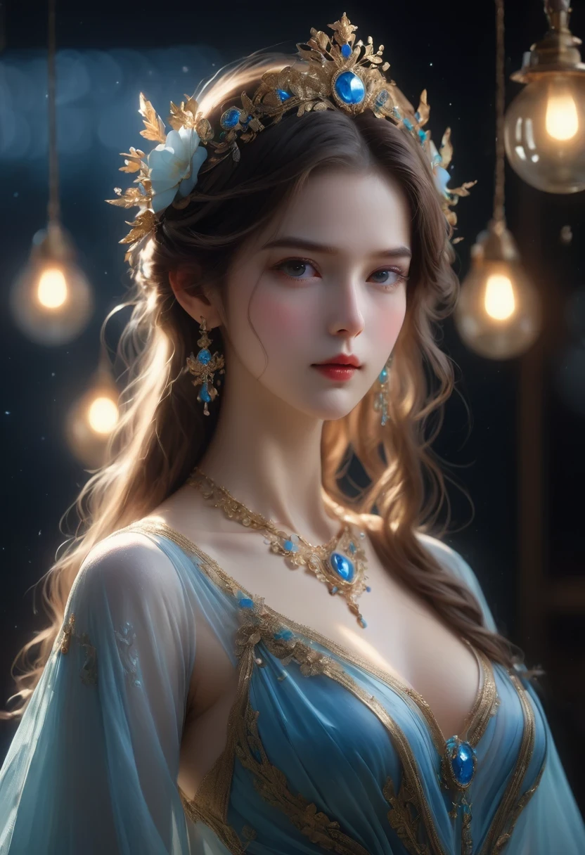 best quality, masterpiece, High resolution, 1 girl, porcelain dress, hair accessories, necklace, jewelry, pretty face, physically, Tyndall effect, actual, dark studio, edge lighting, two-tone lighting, (High detail skin: 1.2), 8K UHD, DSLR camera, soft light, high quality, Volumetric light, frank, photo, High resolution, 4K, 8K, background blur,