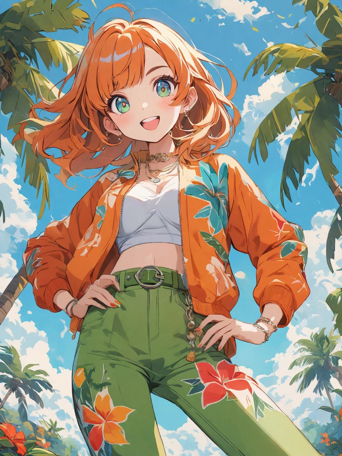 diy22,in a tropical or subtropical environment, A young woman is presented in a vibrant cartoon style. She wears a vibrant orange jacket and green pants, With blue and yellow stripes, Reminiscent of designs by Ronald Balfour. She wears a green belt and blue sunglasses, Adding to her playful look. There is a brown wooden pole behind her, There is a white ring on it. She stood among palm trees and other trees, Creating a peaceful and tropical atmosphere. The background of the image is vector art in cartoon style, Full of energy and colour. ,
