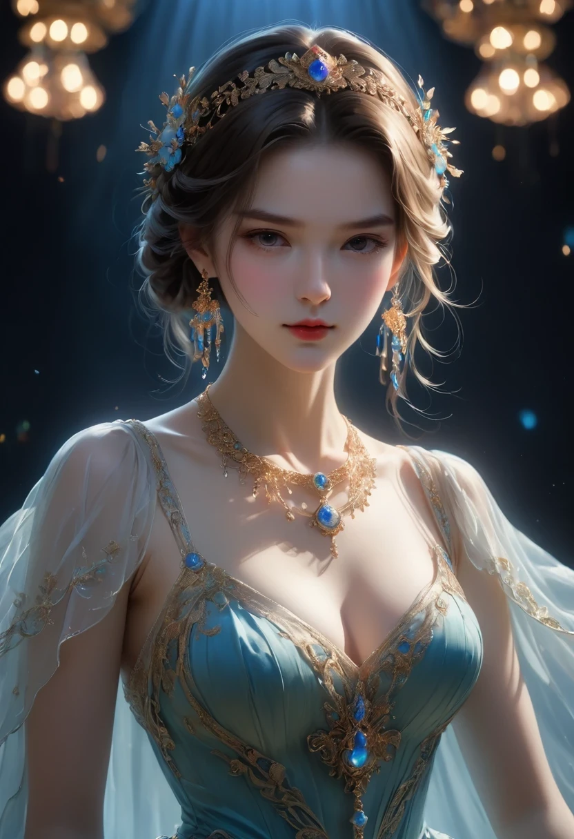 best quality, masterpiece, High resolution, 1 girl, porcelain dress, hair accessories, necklace, jewelry, pretty face, physically, Tyndall effect, actual, dark studio, edge lighting, two-tone lighting, (High detail skin: 1.2), 8K UHD, DSLR camera, soft light, high quality, Volumetric light, frank, photo, High resolution, 4K, 8K, background blur,