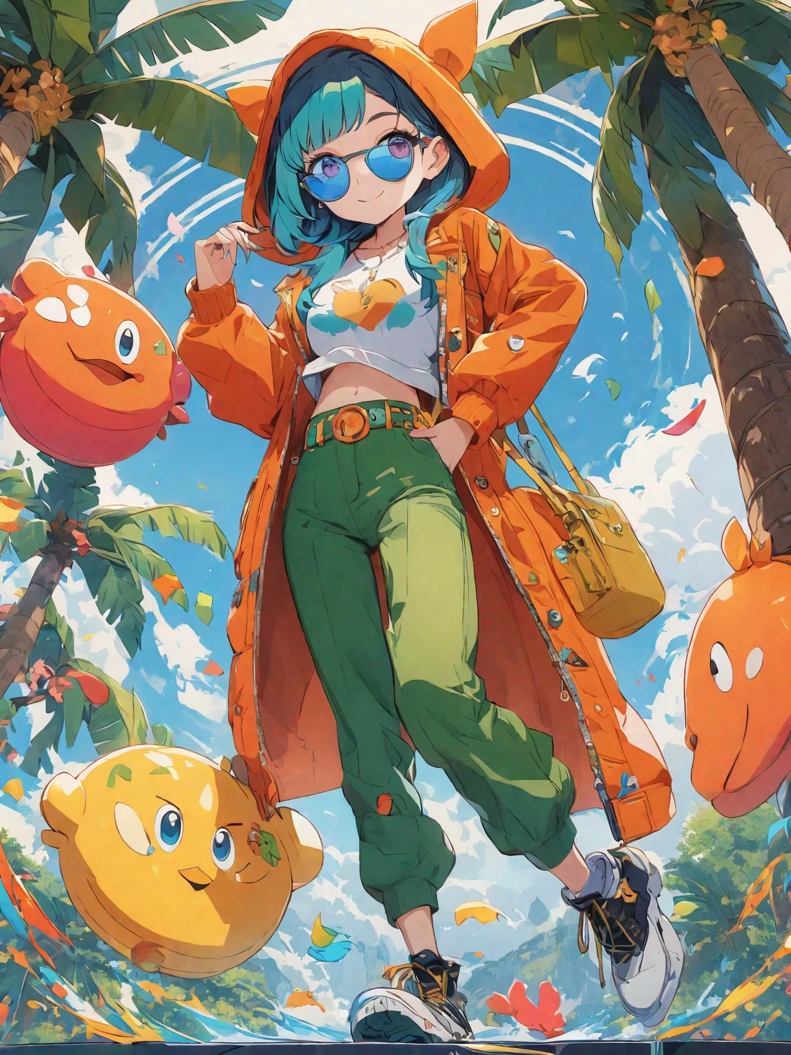 diy22，in a tropical or subtropical environment， A young woman is presented in a vibrant cartoon style. She wears a vibrant orange jacket and green pants， With blue and yellow stripes， Reminiscent of designs by Ronald Balfour. She wears a green belt and blue sunglasses， Adding to her playful look. There is a brown wooden pole behind her， There is a white ring on it. She stood among palm trees and other trees， Creating a peaceful and tropical atmosphere. The background of the image is vector art in cartoon style， Full of energy and colour. ,
