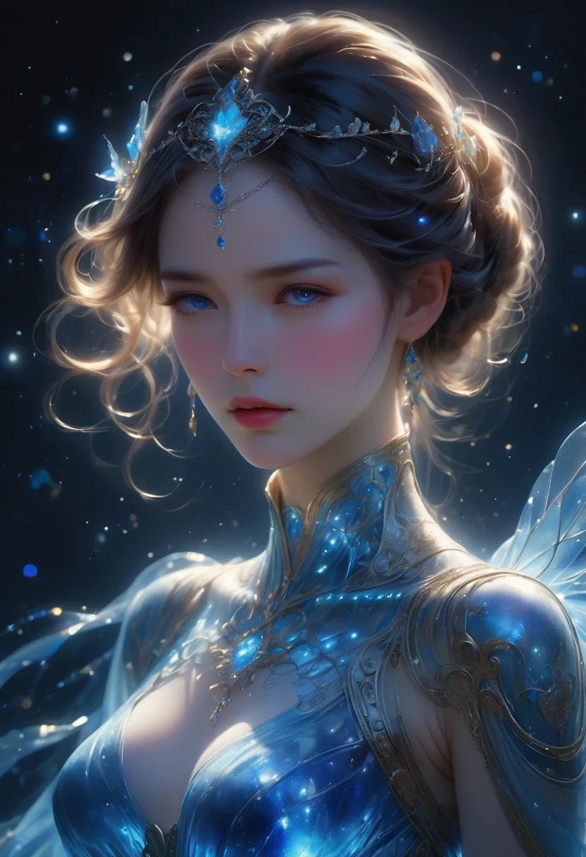 imagine a glass woman, Her delicate figure is like a sculpture-like work of art, Crying in the Starry Sky. The blue night enveloped her, Casting a melancholy light on her ethereal figure. Her glass body glows with bright blue hues, Every line and curve is etched with intricate detail. The glass in her eyes reflects the twinkling stars, Reflecting the infinite depth and emotion of the universe. Her sadness is beyond words, But her beautiful figure is still untarnished, Proof of the extraordinary power of emotion. This 4K glass woman is an exquisite picture of light and shadow, color, and feeling, arrive,body glow,glowing line,fluorescence,Luminous example,Tracking example,flash,萤light particles,backlight,translucent,light particles,correct human anatomy,