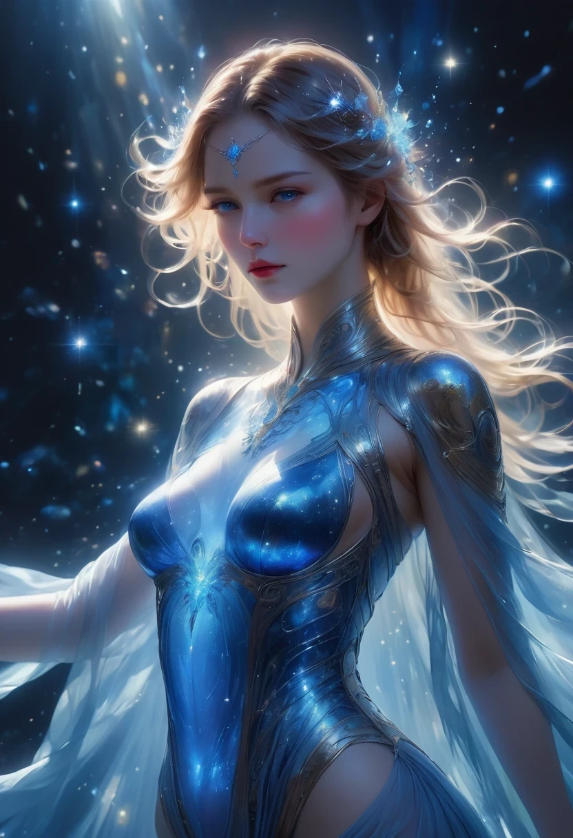 imagine a glass woman, Her delicate figure is like a sculpture-like work of art, Crying in the Starry Sky. The blue night enveloped her, Casting a melancholy light on her ethereal figure. Her glass body glows with bright blue hues, Every line and curve is etched with intricate detail. The glass in her eyes reflects the twinkling stars, Reflecting the infinite depth and emotion of the universe. Her sadness is beyond words, But her beautiful figure is still untarnished, Proof of the extraordinary power of emotion. This 4K glass woman is an exquisite picture of light and shadow, color, and feeling, arrive,body glow,glowing line,fluorescence,Luminous example,Tracking example,flash,萤light particles,backlight,translucent,light particles,correct human anatomy,