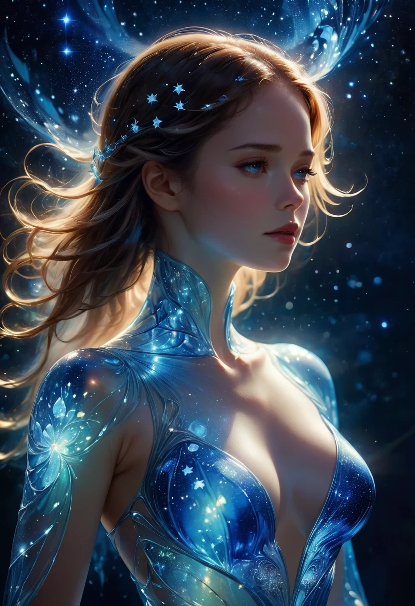 imagine a glass woman, Her delicate figure is like a sculpture-like work of art, Crying in the Starry Sky. The blue night enveloped her, Casting a melancholy light on her ethereal figure. Her glass body glows with bright blue hues, Every line and curve is etched with intricate detail. The glass in her eyes reflects the twinkling stars, Reflecting the infinite depth and emotion of the universe. Her sadness is beyond words, But her beautiful figure is still untarnished, Proof of the extraordinary power of emotion. This 4K glass woman is an exquisite picture of light and shadow, color, and feeling, arrive，body glow，glowing line，fluorescence,Luminous example，Tracking example，flash，萤light particles，backlight，translucent，light particles，correct human anatomy，