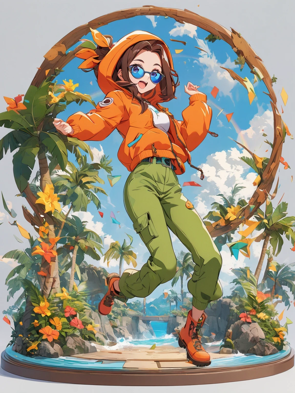 diy22，in a tropical or subtropical environment， A young woman is presented in a vibrant cartoon style. She wears a vibrant orange jacket and green pants， With blue and yellow stripes， Reminiscent of designs by Ronald Balfour. She wears a green belt and blue sunglasses， Adding to her playful look. There is a brown wooden pole behind her， There is a white ring on it. She stood among palm trees and other trees， Creating a peaceful and tropical atmosphere. The background of the image is vector art in cartoon style， Full of energy and colour. ,
