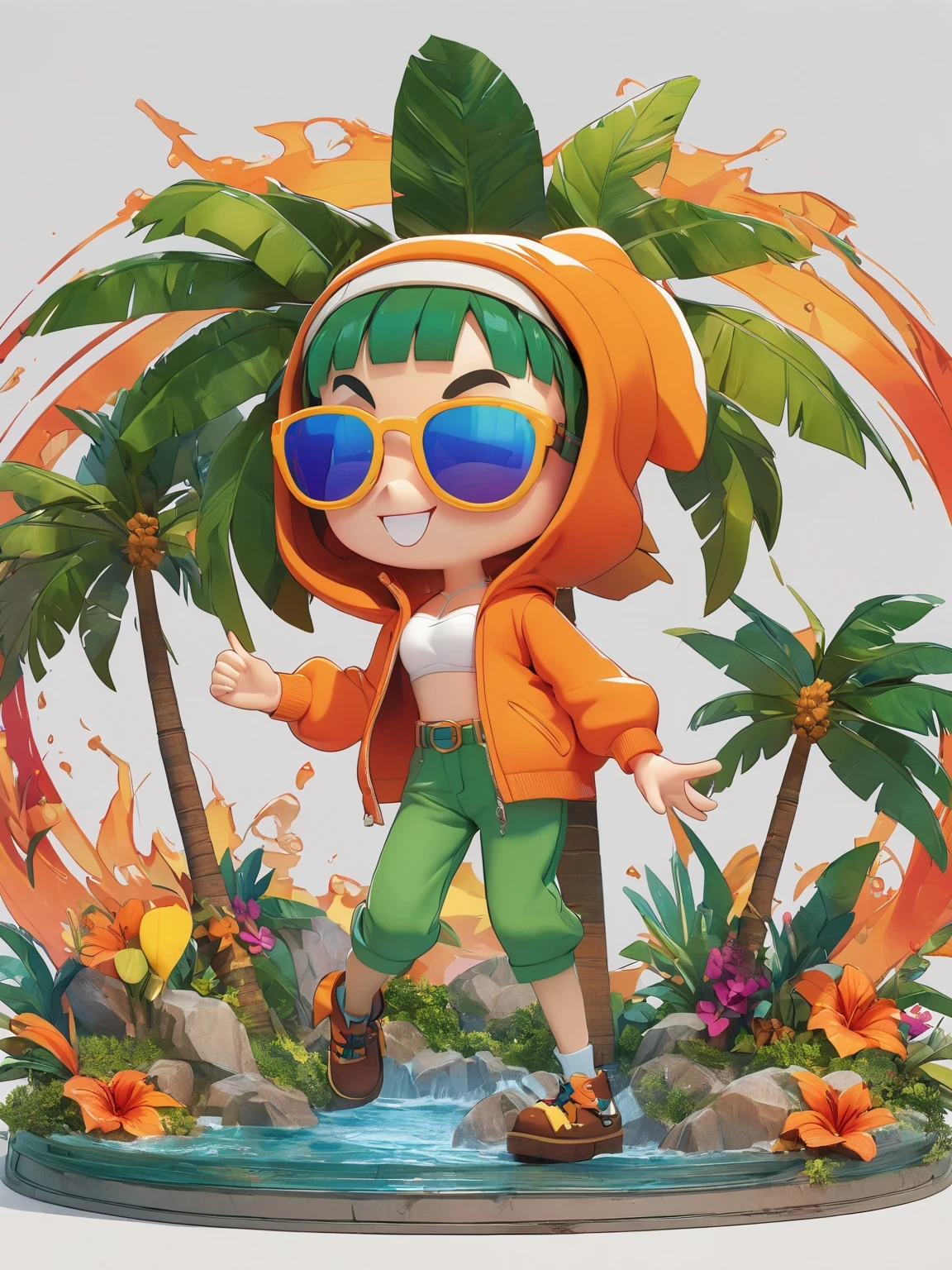 diy22，in a tropical or subtropical environment， A young woman is presented in a vibrant cartoon style. She wears a vibrant orange jacket and green pants， With blue and yellow stripes， Reminiscent of designs by Ronald Balfour. She wears a green belt and blue sunglasses， Adding to her playful look. There is a brown wooden pole behind her， There is a white ring on it. She stood among palm trees and other trees， Creating a peaceful and tropical atmosphere. The background of the image is vector art in cartoon style， Full of energy and colour. ,
