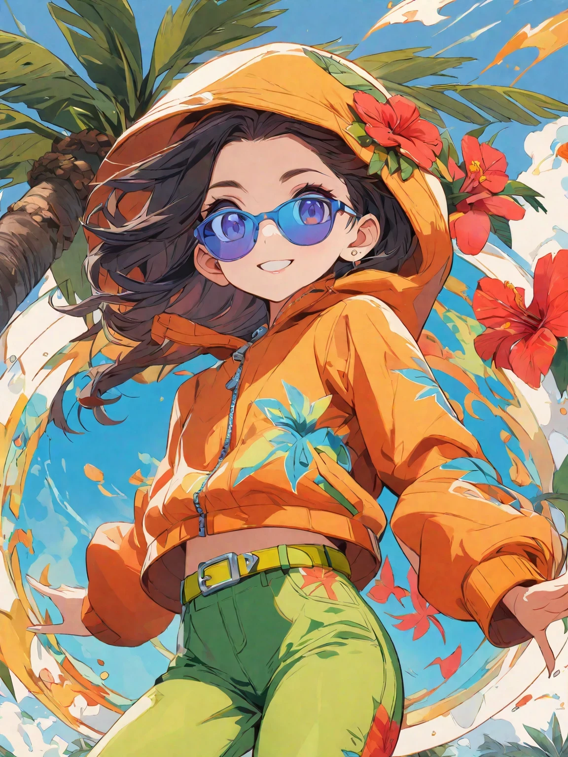 diy22,in a tropical or subtropical environment, A young woman is presented in a vibrant cartoon style. She wears a vibrant orange jacket and green pants, With blue and yellow stripes, Reminiscent of designs by Ronald Balfour. She wears a green belt and blue sunglasses, Adding to her playful look. There is a brown wooden pole behind her, There is a white ring on it. She stood among palm trees and other trees, Creating a peaceful and tropical atmosphere. The background of the image is vector art in cartoon style, Full of energy and colour. ,
