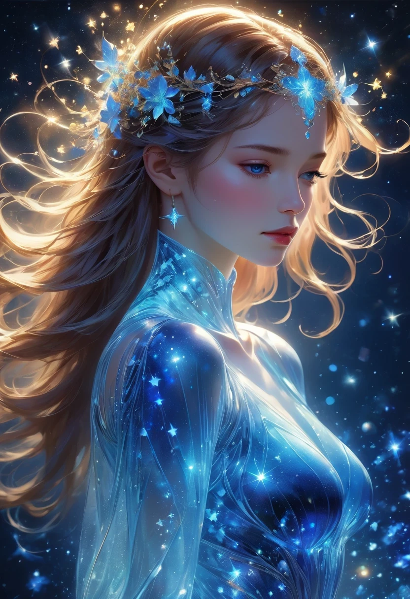 imagine a glass woman, Her delicate figure is like a sculpture-like work of art, Crying in the Starry Sky. The blue night enveloped her, Casting a melancholy light on her ethereal figure. Her glass body glows with bright blue hues, Every line and curve is etched with intricate detail. The glass in her eyes reflects the twinkling stars, Reflecting the infinite depth and emotion of the universe. Her sadness is beyond words, But her beautiful figure is still untarnished, Proof of the extraordinary power of emotion. This 4K glass woman is an exquisite picture of light and shadow, color, and feeling, arrive,body glow,glowing line,fluorescence,Luminous example,Tracking example,flash,萤light particles,backlight,translucent,light particles,correct human anatomy,