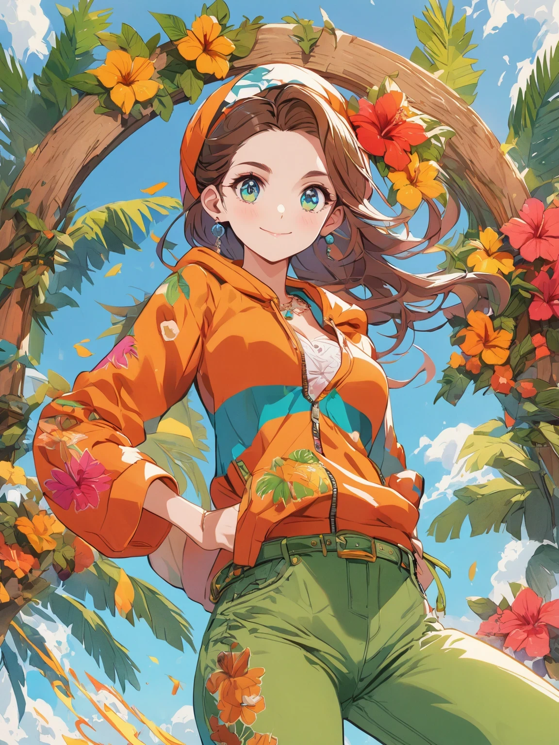 diy22，in a tropical or subtropical environment， A young woman is presented in a vibrant cartoon style. She wears a vibrant orange jacket and green pants， With blue and yellow stripes， Reminiscent of designs by Ronald Balfour. She wears a green belt and blue sunglasses， Adding to her playful look. There is a brown wooden pole behind her， There is a white ring on it. She stood among palm trees and other trees， Creating a peaceful and tropical atmosphere. The background of the image is vector art in cartoon style， Full of energy and colour. ,
