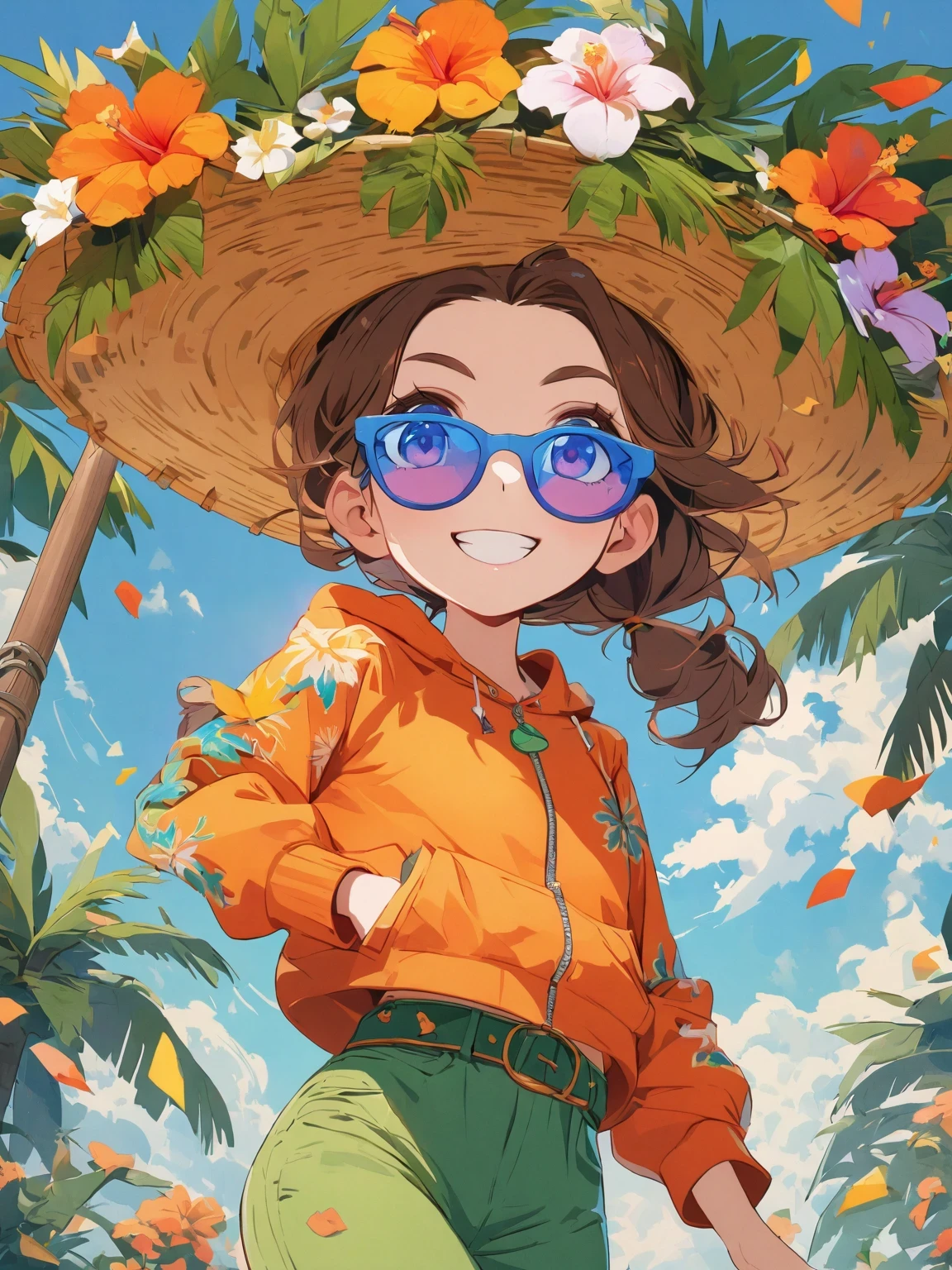 diy22,in a tropical or subtropical environment, A young woman is presented in a vibrant cartoon style. She wears a vibrant orange jacket and green pants, With blue and yellow stripes, Reminiscent of designs by Ronald Balfour. She wears a green belt and blue sunglasses, Adding to her playful look. There is a brown wooden pole behind her, There is a white ring on it. She stood among palm trees and other trees, Creating a peaceful and tropical atmosphere. The background of the image is vector art in cartoon style, Full of energy and colour. ,