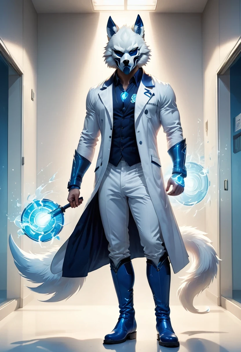 personal, white body, muscle, , Serious expression, frown ，(doctor clothing,, White mask, blue, white boots, black pattern: 1.2), wolf tail, wolf ears, ((broken to pieces)), (indoor: 1.35), incandescent indoor lighting, , shadow (particle, soft light, white glow): 1.3, white coat, anatomically correct, Simple background, cartoon, Warm colors, soft lines