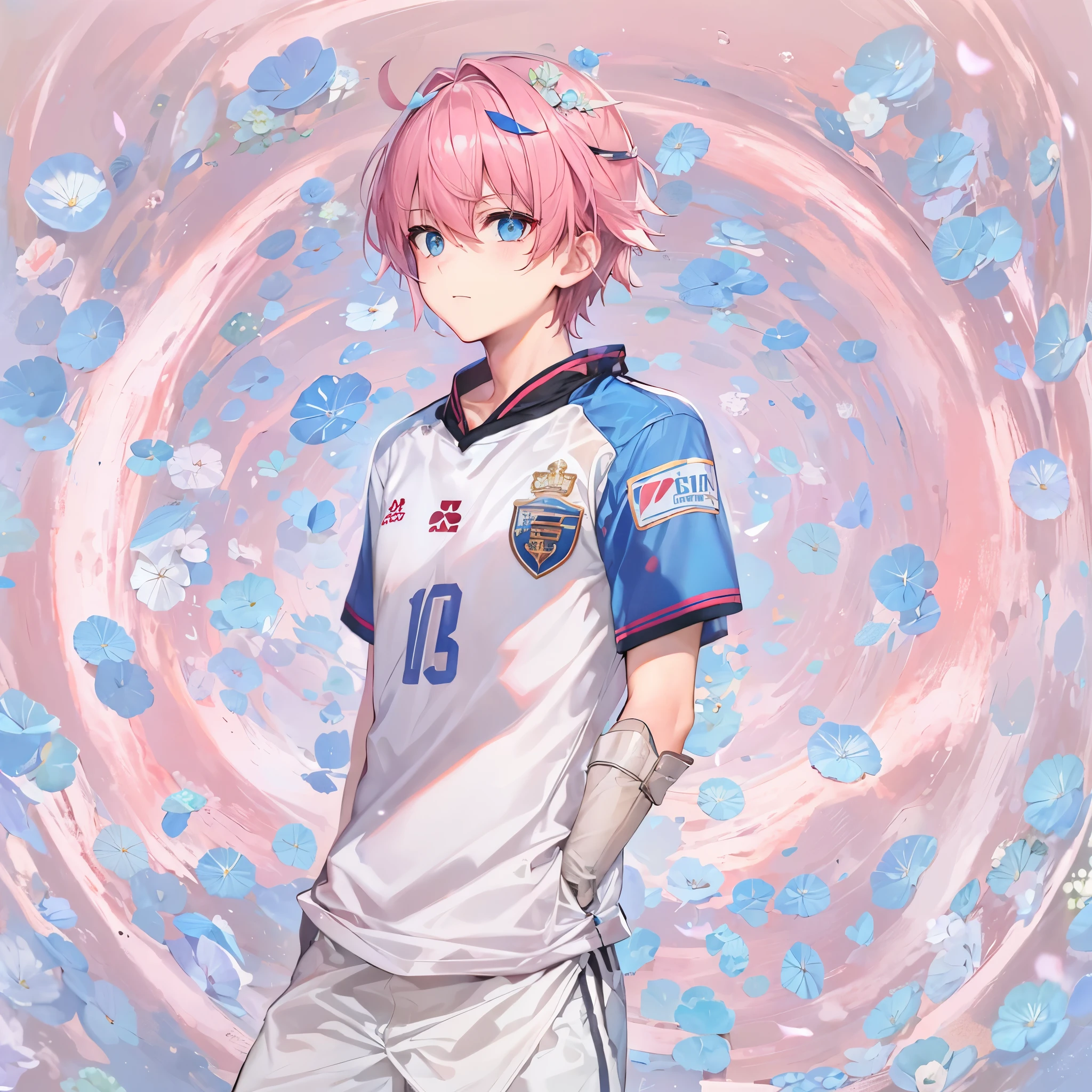 (1boy, masculino),(atacante),uniforme de futebol, aquamarine eyes, Campo de futebol, astolfo fate short hair