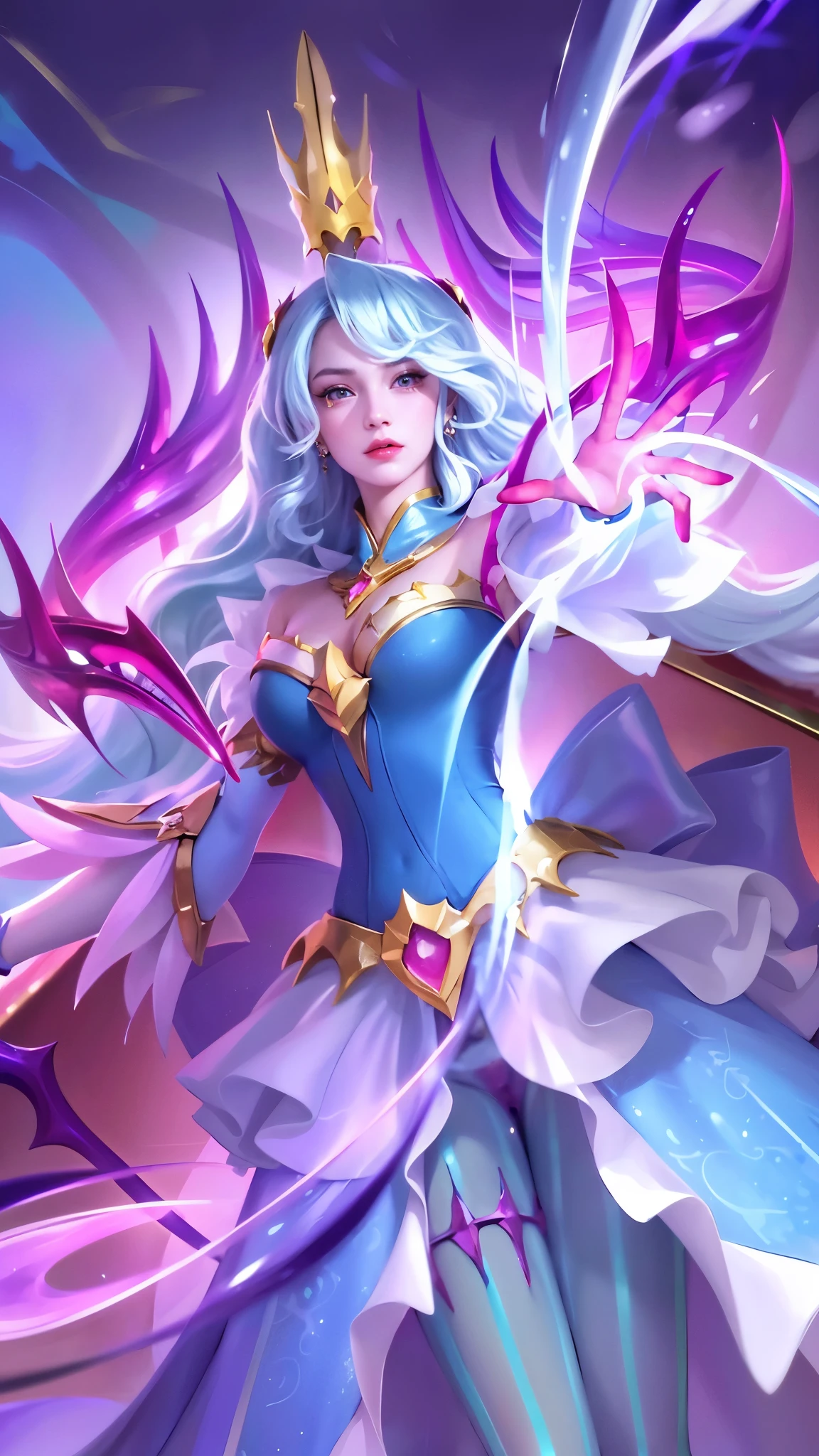 (8k, RAW photo, photorealistic:1.25), red lipgloss, glosace, glossy skin, depth of field, chromatic aberration, caustics, Broad lighting, natural shading, a girl in a blue dress with a crown and a sword, beautiful celestial mage, mobile wallpaper, mystical atlantean valkyrie, ultra hd, ultra detailed texture, hyper realistic, detailed texture, detailed face, detailed skin, detailed lighting, best quality, beautiful lighting, cinematic lighting, professional lighting, ultra highres, realistic, detailed hair, real hair, white hair, high quality, (realskin:1.5), extremely detailed, finely detail, ultra-detailed, detail eyes, cinematic background