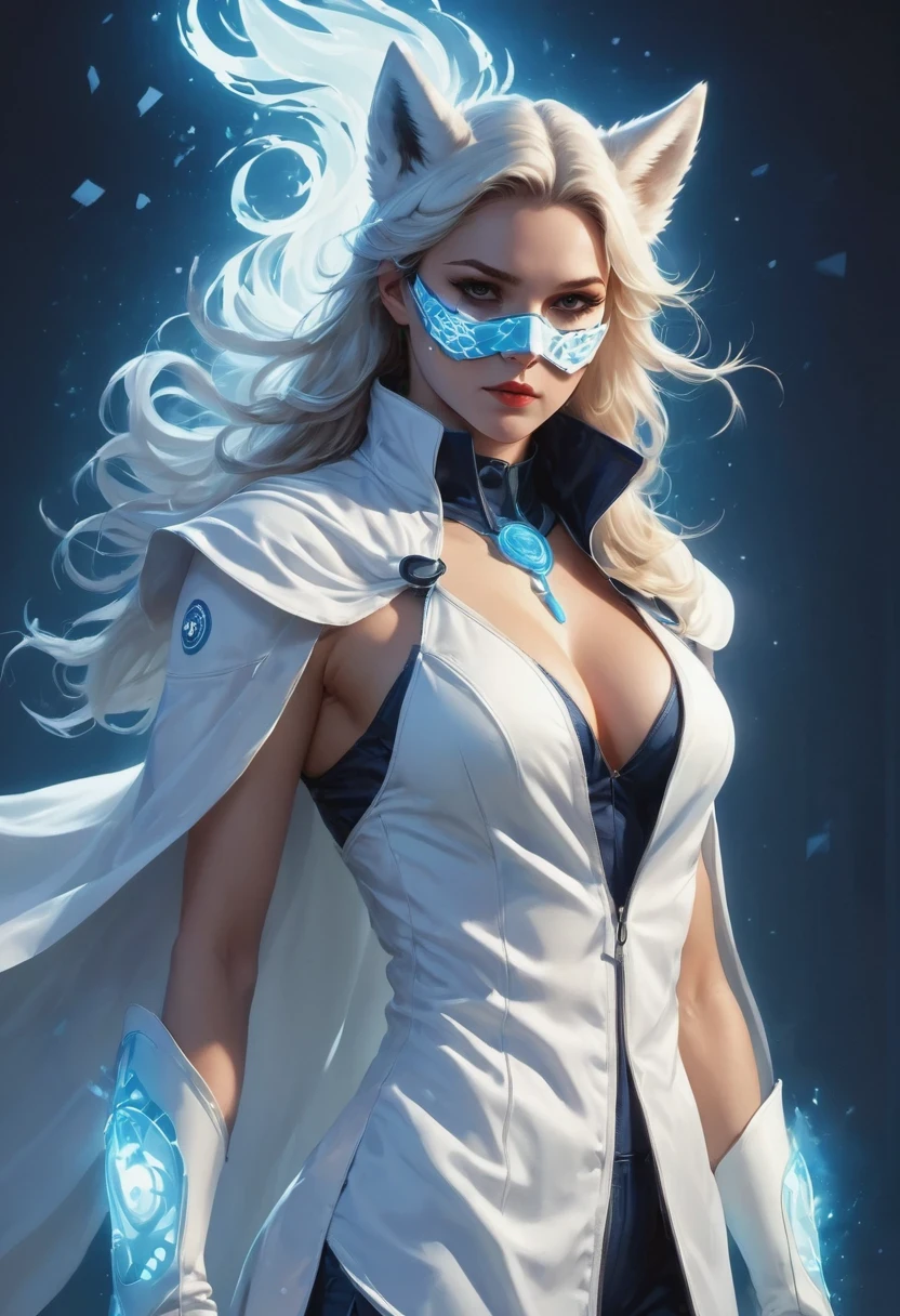 personal, white body, muscle, , Serious expression, frown ,(doctor clothing,, White mask, blue, white boots, black pattern: 1.2), wolf tail, wolf ears, ((broken to pieces)), (indoor: 1.35), incandescent indoor lighting, , shadow (particle, soft light, white glow): 1.3, white coat, anatomically correct, Simple background, cartoon, Warm colors, soft lines
