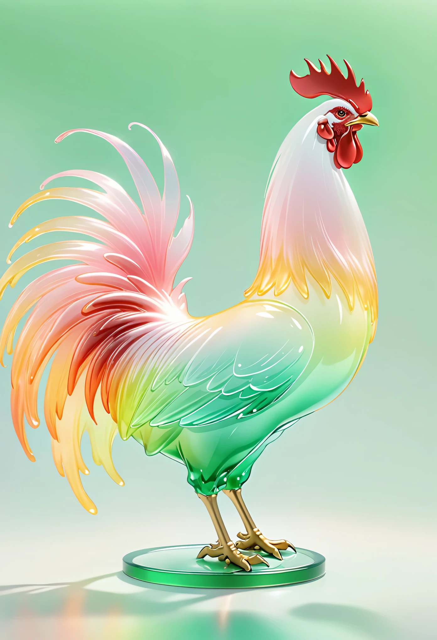 grassland,A big rooster,gold,pink,green,glass texture、 Gradient translucent glass melt