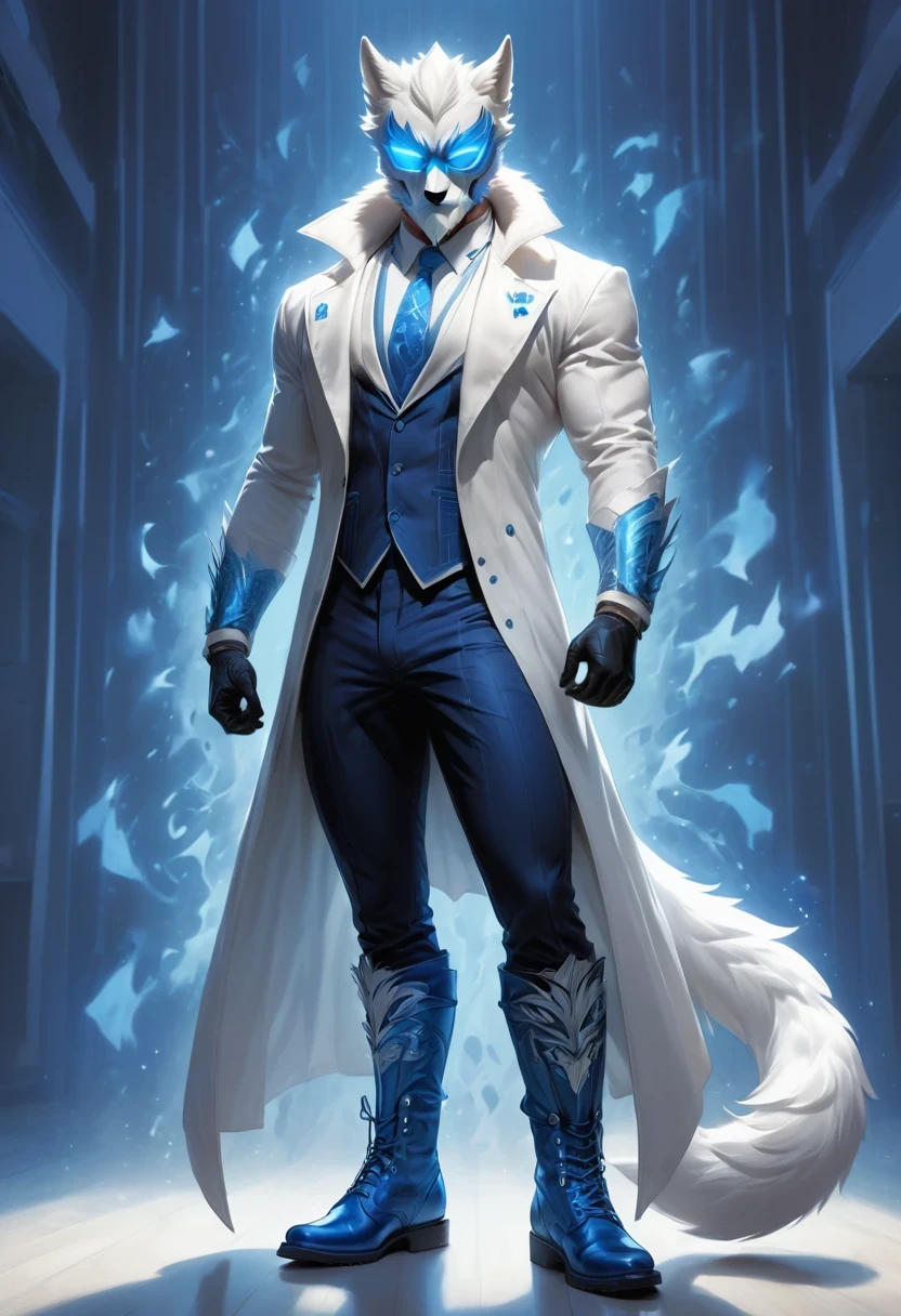 personal, white body, muscle, , Serious expression, frown ,(doctor clothing,, White mask, blue, white boots, black pattern: 1.2), wolf tail, wolf ears, ((broken to pieces)), (indoor: 1.35), incandescent indoor lighting, , shadow (particle, soft light, white glow): 1.3, white coat, anatomically correct, Simple background, cartoon, Warm colors, soft lines
