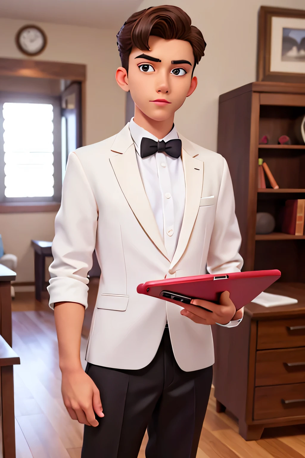 Handsome boy standing wearing formal attire and holding a laptop