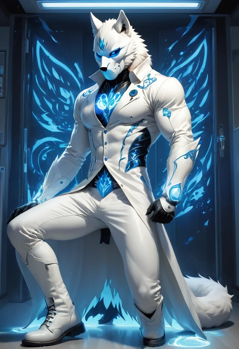 personal, white body, muscle, , Serious expression, frown ，(doctor clothing,, White mask, blue, white boots, black pattern: 1.2), wolf tail, wolf ears, ((broken to pieces)), (indoor: 1.35), incandescent indoor lighting, , shadow (particle, soft light, white glow): 1.3, white coat, anatomically correct, Simple background, cartoon, Warm colors, soft lines
