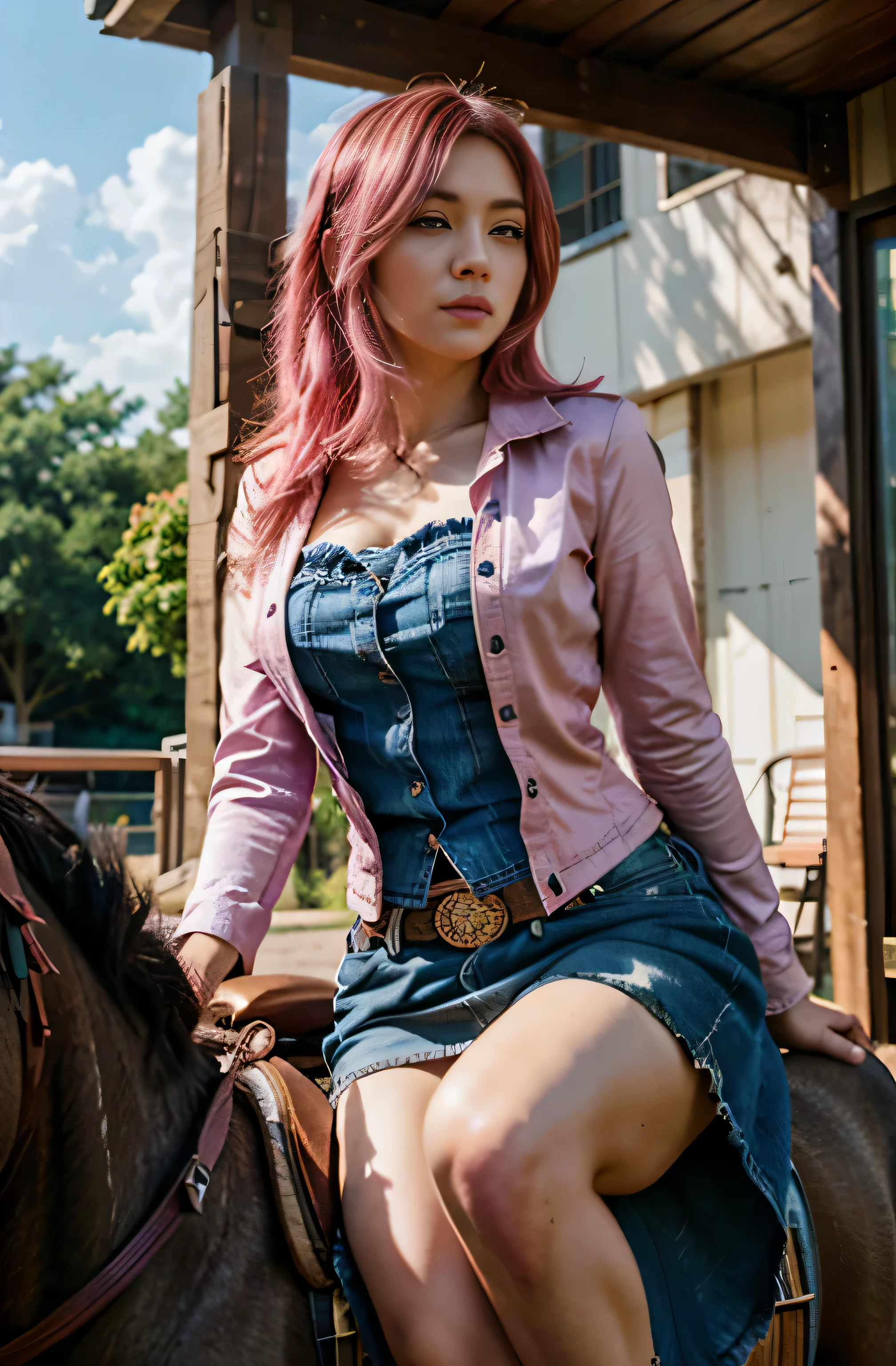 arafed woman in pink hair wearing dark brown and denim cowboy dress riding a horse, ross tran 8 k, smooth pink skin, alena aenami and artgerm, some pink, seductive anime girl, 8k high quality detailed art, badass anime 8 k, photorealistic anime girl render, thicc, pink girl, beautiful alluring anime woman, 3 d anime realistic