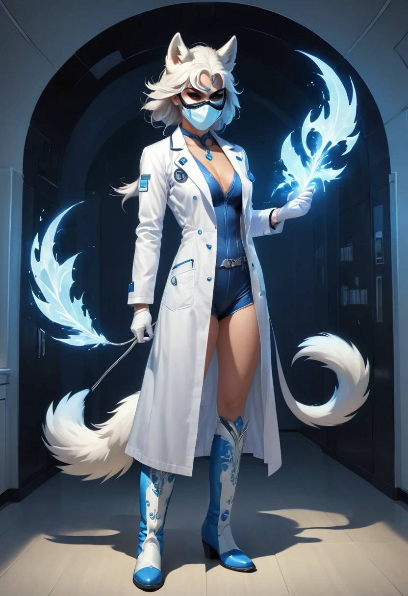 personal, white body, muscle, , Serious expression, frown ,(doctor clothing,, White mask, blue, white boots, black pattern: 1.2), wolf tail, wolf ears, ((broken to pieces)), (indoor: 1.35), incandescent indoor lighting, , shadow (particle, soft light, white glow): 1.3, white coat, anatomically correct, Simple background, cartoon, Warm colors, soft lines