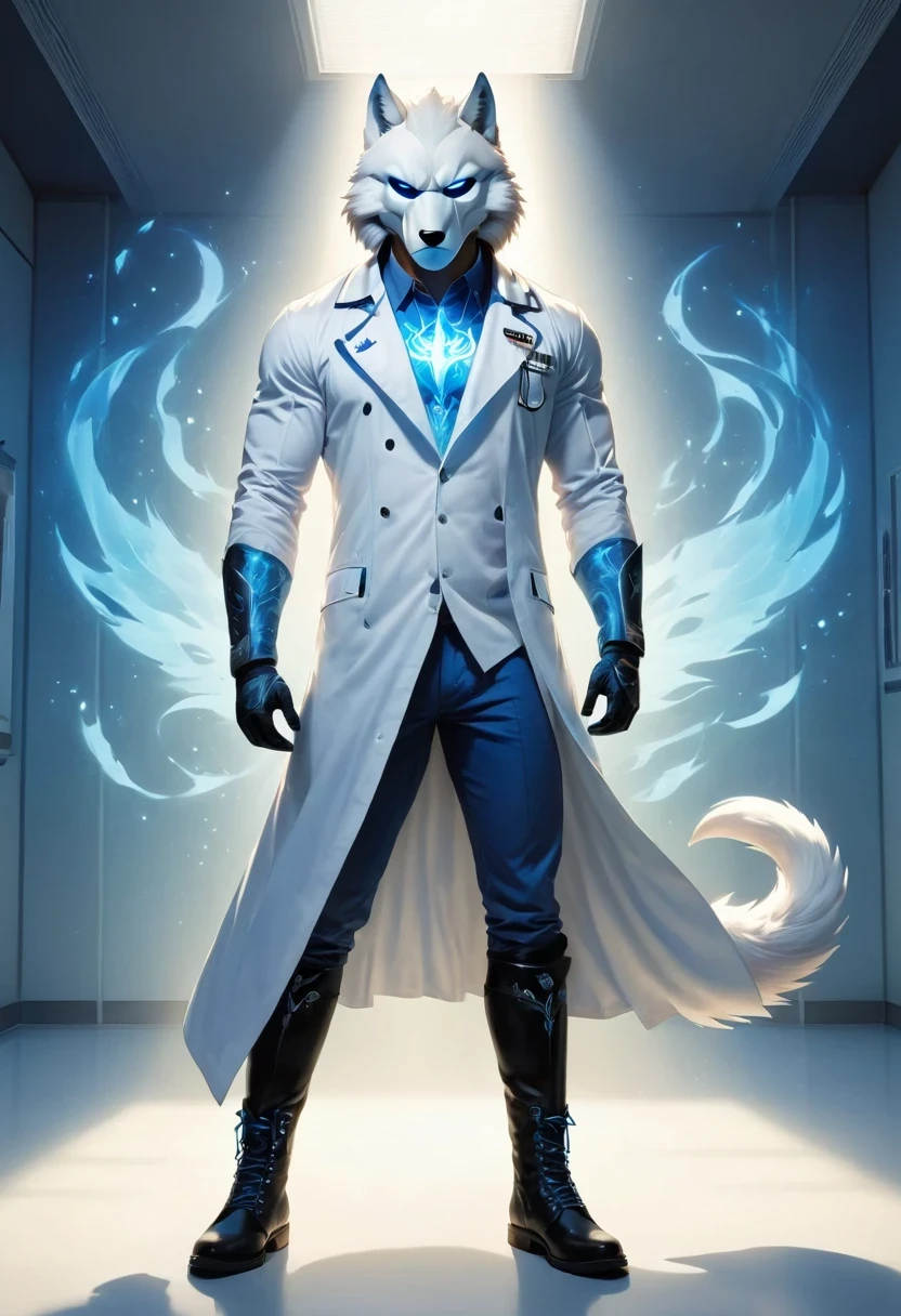 personal, white body, muscle, , Serious expression, frown ,(doctor clothing,, White mask, blue, white boots, black pattern: 1.2), wolf tail, wolf ears, ((broken to pieces)), (indoor: 1.35), incandescent indoor lighting, , shadow (particle, soft light, white glow): 1.3, white coat, anatomically correct, Simple background, cartoon, Warm colors, soft lines