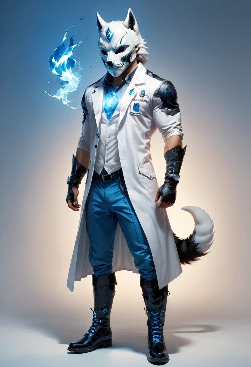 personal, white body, muscle, , Serious expression, frown ,(doctor clothing,, White mask, blue, white boots, black pattern: 1.2), wolf tail, wolf ears, ((broken to pieces)), (indoor: 1.35), incandescent indoor lighting, , shadow (particle, soft light, white glow): 1.3, white coat, anatomically correct, Simple background, cartoon, Warm colors, soft lines