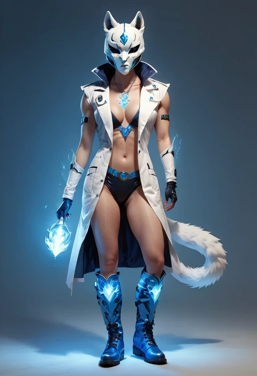 personal, white body, muscle, , Serious expression, frown ，(doctor clothing,, White mask, blue, white boots, black pattern: 1.2), wolf tail, wolf ears, ((broken to pieces)), (indoor: 1.35), incandescent indoor lighting, , shadow (particle, soft light, white glow): 1.3, white coat, anatomically correct, Simple background, cartoon, Warm colors, soft lines