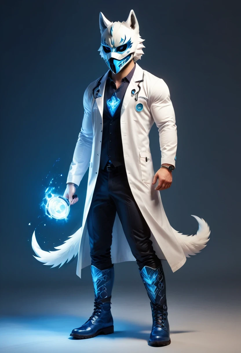 personal, white body, muscle, , Serious expression, frown ，(doctor clothing,, White mask, blue, white boots, black pattern: 1.2), wolf tail, wolf ears, ((broken to pieces)), (indoor: 1.35), incandescent indoor lighting, , shadow (particle, soft light, white glow): 1.3, white coat, anatomically correct, Simple background, cartoon, Warm colors, soft lines