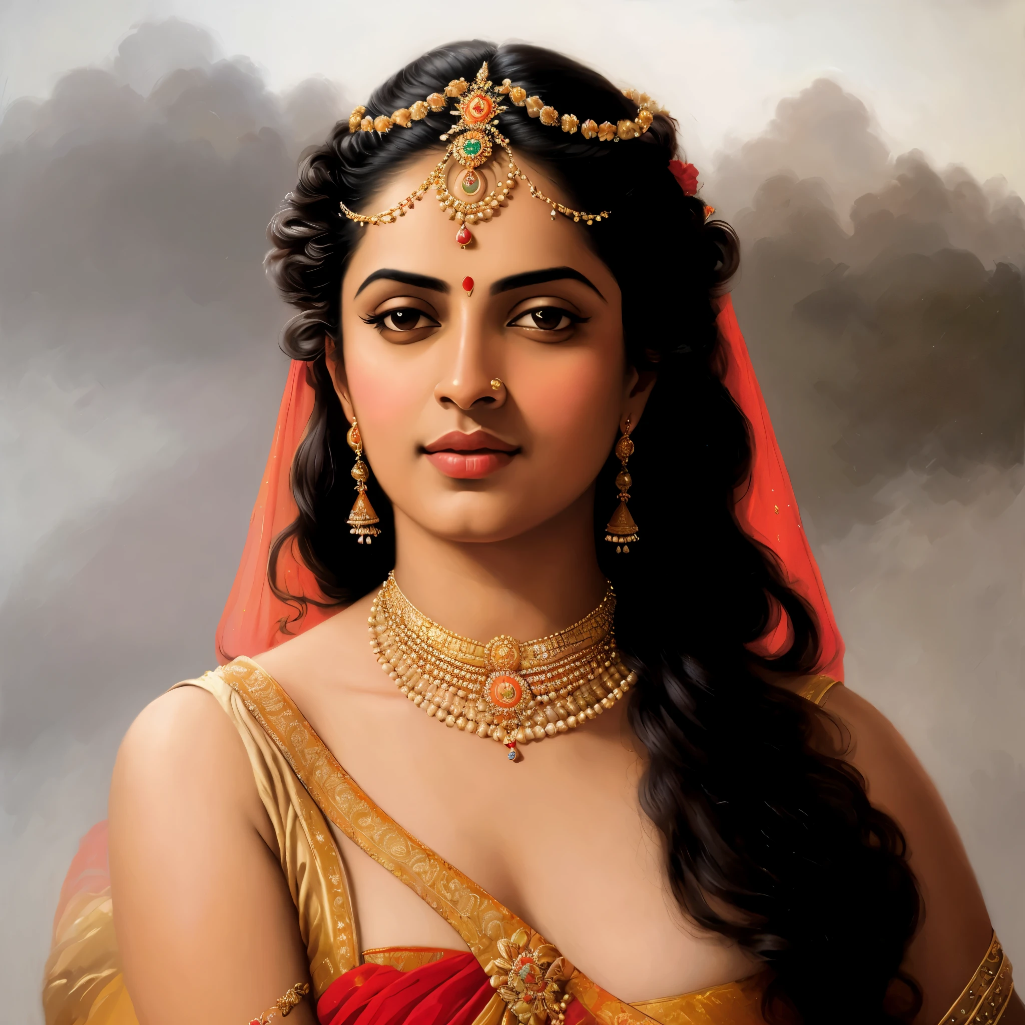 Reclining Nair Lady by artist Raja Ravi Varma, Realistic, 8K, ultra-detailed, intricate,Unreal Engine, midjourney art style impressionism, abstract, (oil painting , dry brushstrokes), negative space, vibrant colours, extremely beautiful lady, gorgeous, perfect thick healthy figure,